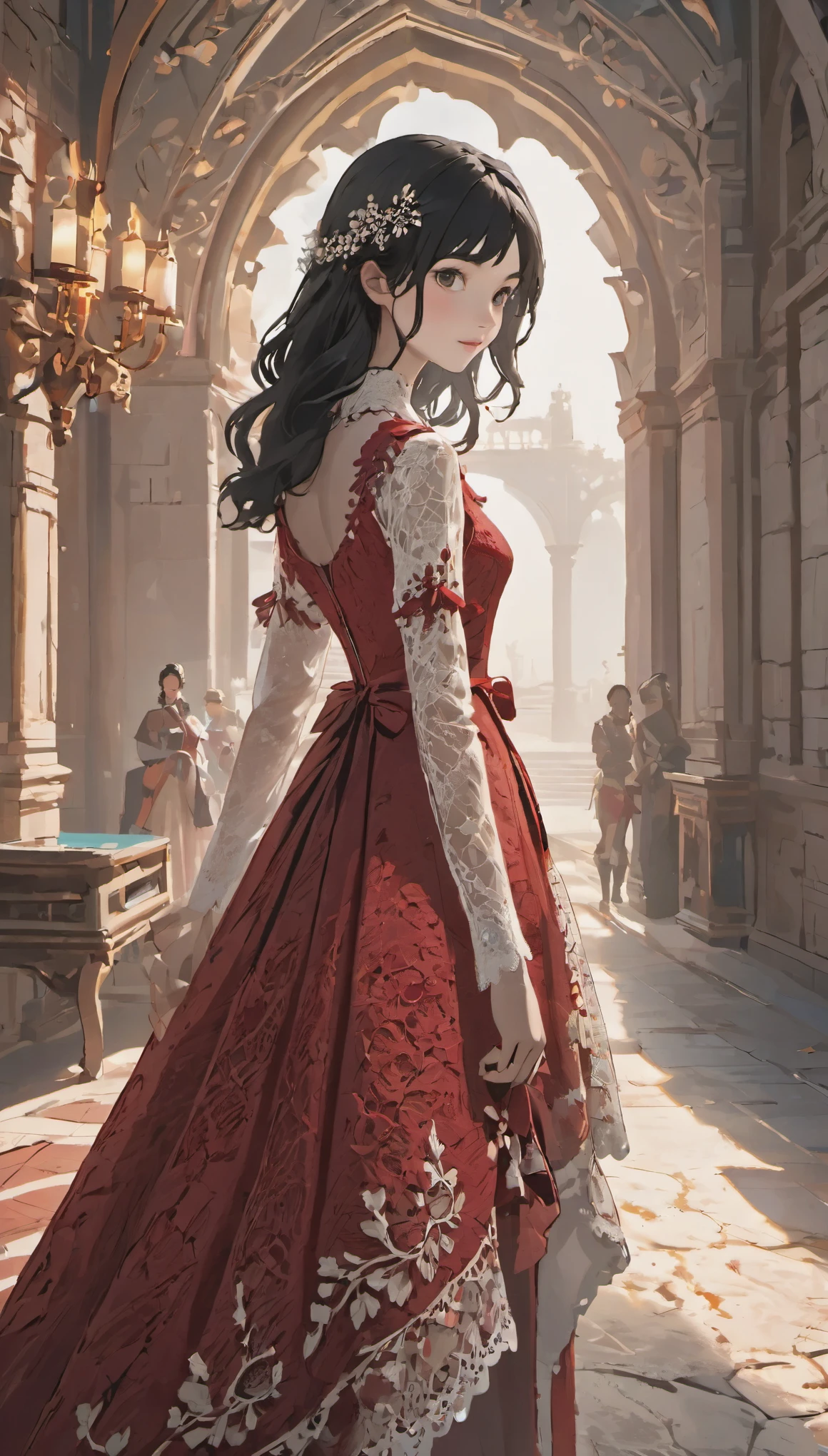 female adventurer, full body, Game Art Style, (masterpiece), highest quality, High resolution, 4k, 8K, Detail view, intricate details, cinematic lighting, amazing quality, 1 girl、elegant red and white lace style dress、Red and white line dress made with detailed and artistic lace、pretty dress、Super Luxury Dresses、beautiful black hair, great shading, soft lighting, Face-to-face camera, perfect eyes
