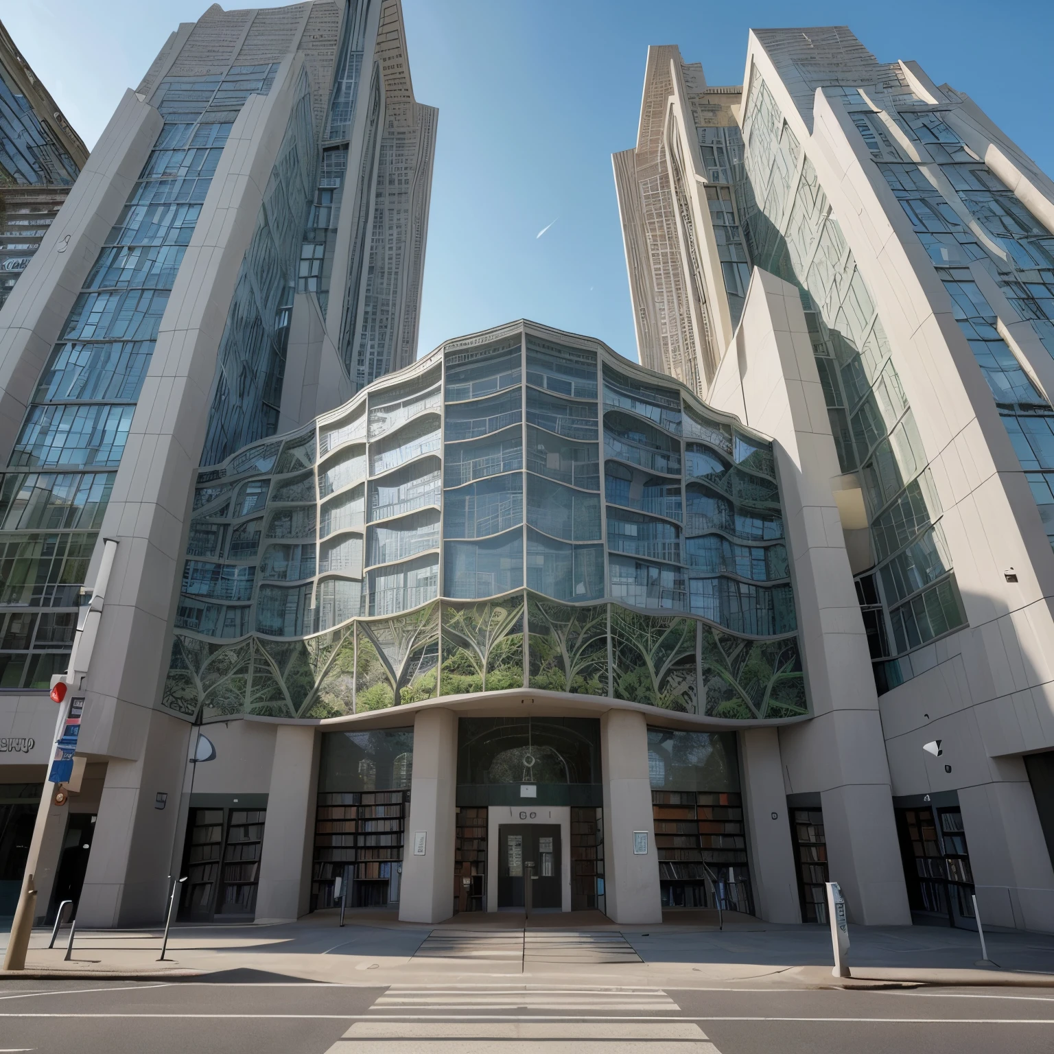 Image of a unique iconic library building with reference to pop up books