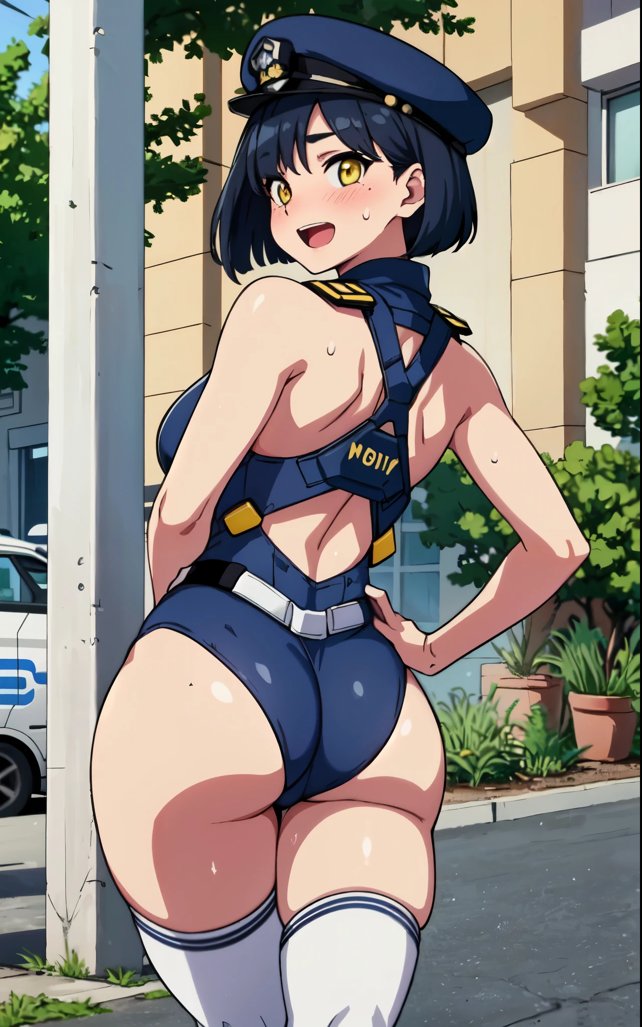 realistic, masterpiece, highest quality, perfect anatomy, (fine eyes), female police officer, huge breasts, Sweat, outdoor, ((navy blue sci-fi leotard、navy blue protector、white knee socks、black boots)), yellow eyes、bob cut、police hat、black hair ,  ((blush))、((wide hips)),:d、 closed one eye、Left hand on hip、((((embarrassing)))), city、Rear view、fuck from behind、back