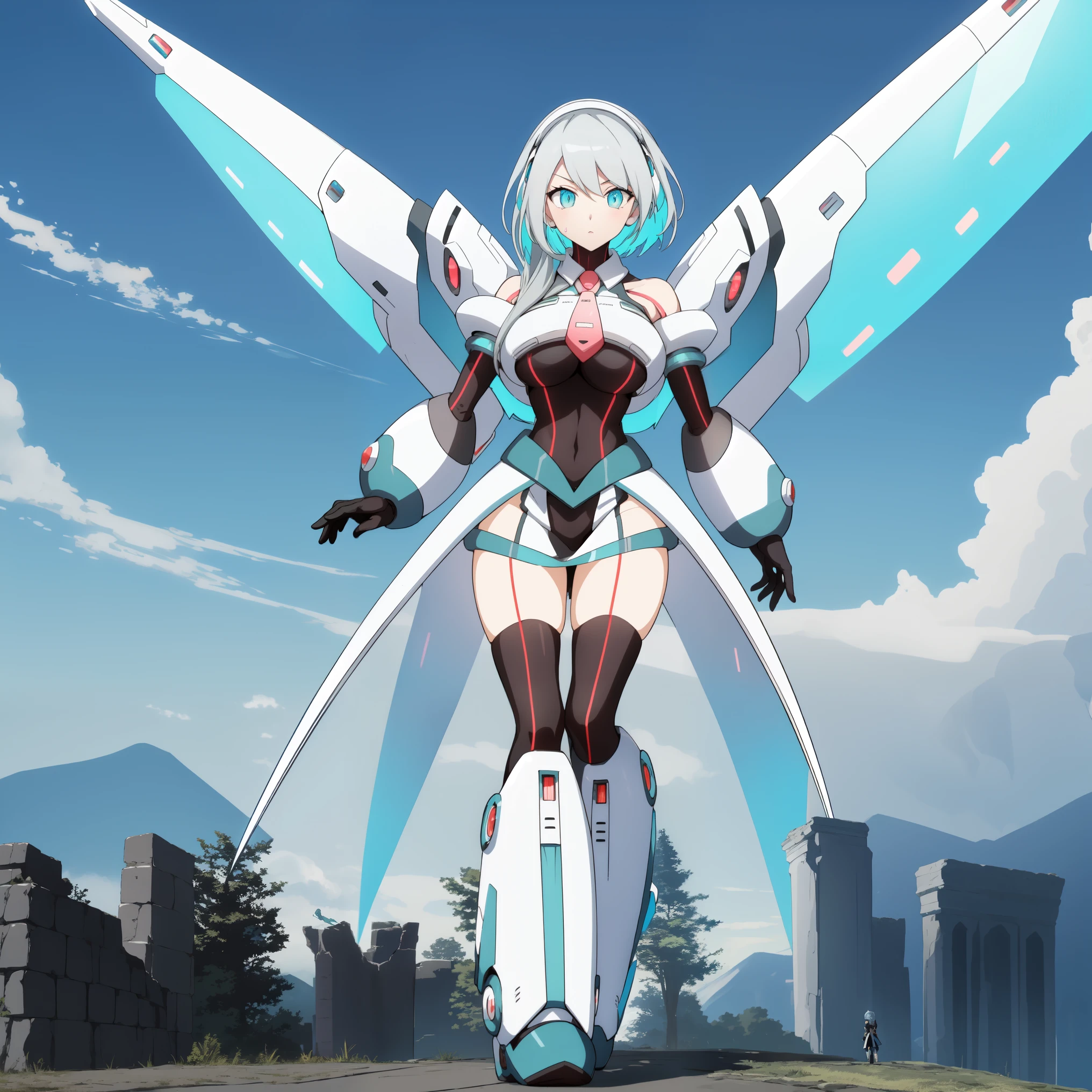 ico_megamanxdive, 1girl, blue eyes, solo, white hair, android, large breasts, black gloves, short hair, thighhighs, necktie, high quality, masterpiece, standing next to a swamp and castle surrounded by mist, outdoors, tree, solo, from behind, bird, facing away, scenery