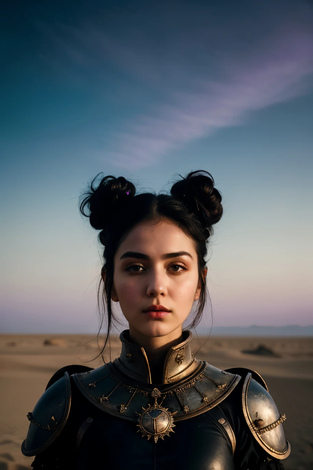 ((Best quality)), ((masterpiece)), (detailed), perfect face, girl, medium close up shot, black armor, dark hair bun, clear purple color sky, deserted planet landscape, surrealism, 8k, award winning photograph, (bella kotak style of photography, paolo roversi style, tim walker style)