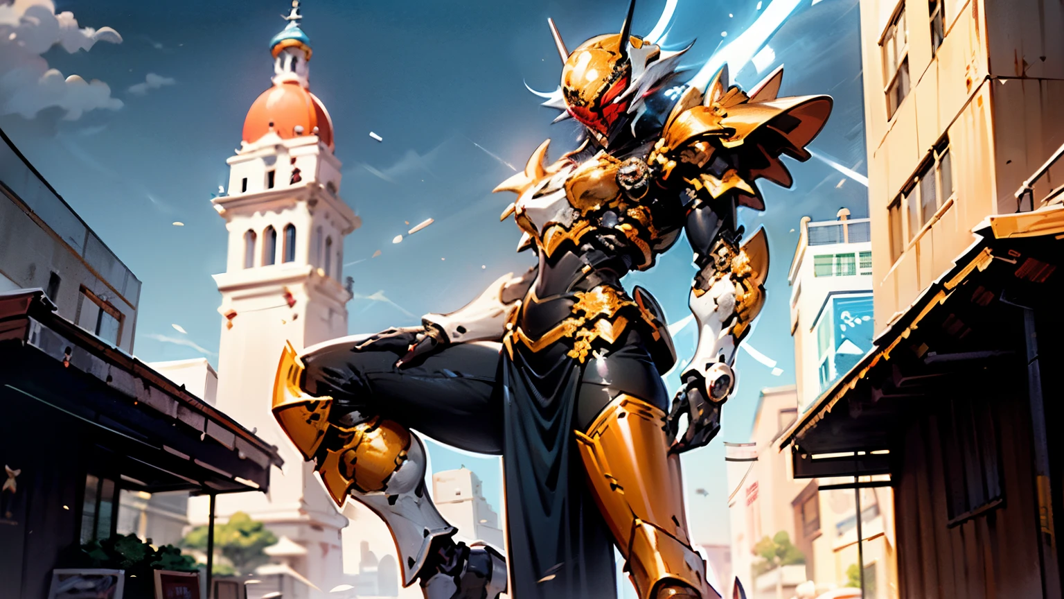 A woman adorned in fantasy-style full-body armor, a crown-concept fully enclosed helmet that unveils only her eyes, a composite layered chest plate, fully encompassing shoulder and hand guards, a lightweight waist armor, form-fitting shin guards, the overall design is heavy-duty yet flexible, ((the armor gleams with a golden glow, complemented by red and blue accents)), exhibiting a noble aura, she floats above a fantasy-surreal high-tech city, this character embodies a finely crafted fantasy-surreal style armored hero in anime style, exquisite and mature manga art style, (Queen bee mixed with Spider concept Armor, plasma, blood), ((Element, energy, elegant, goddess, femminine:1.5)), metallic, high definition, best quality, highres, ultra-detailed, ultra-fine painting, extremely delicate, professional, anatomically correct, symmetrical face, extremely detailed eyes and face, high quality eyes, creativity, RAW photo, UHD, 32k, Natural light, cinematic lighting, masterpiece-anatomy-perfect, masterpiece:1.5