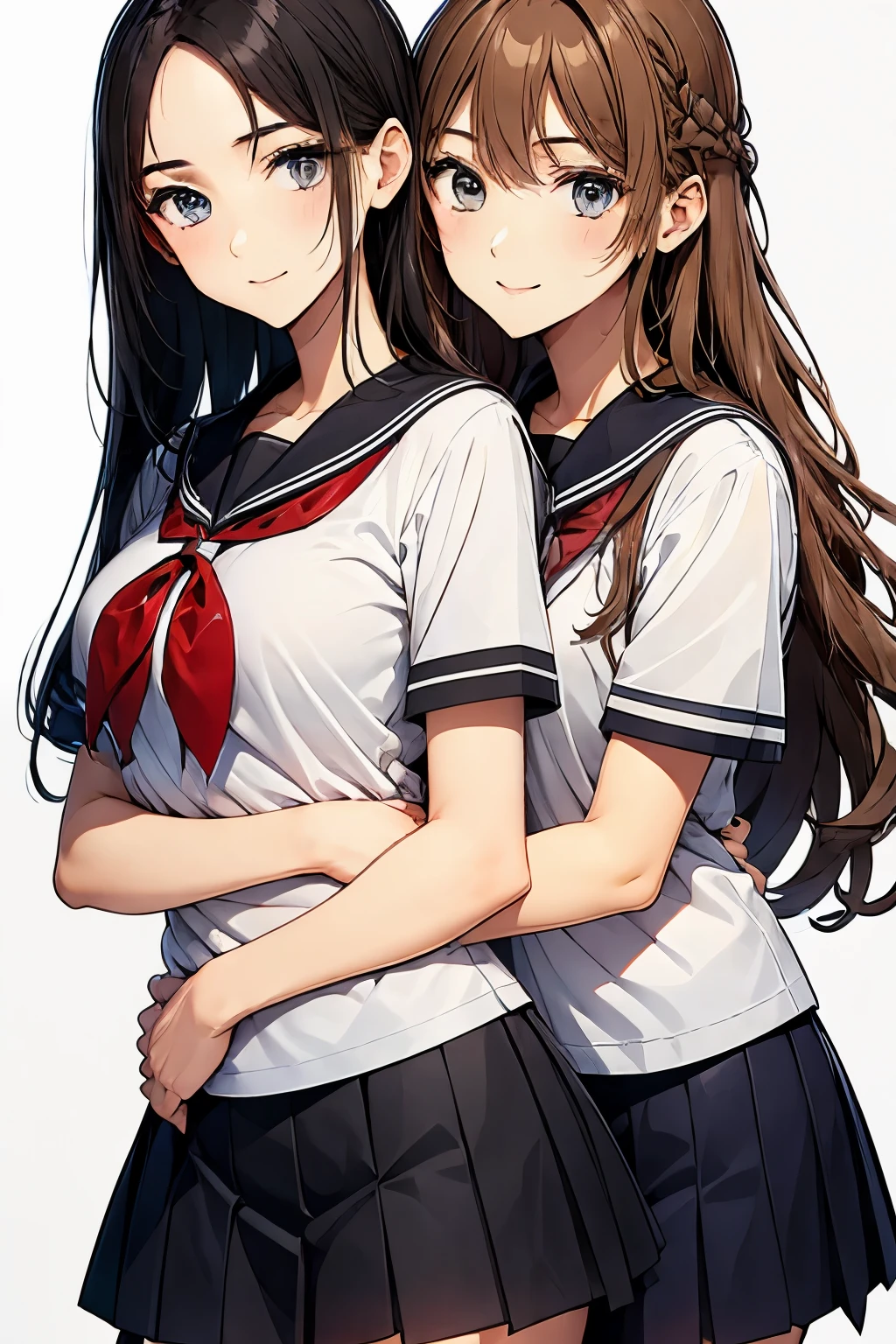 Two high school girls hugging each other、seductive smile、classroom