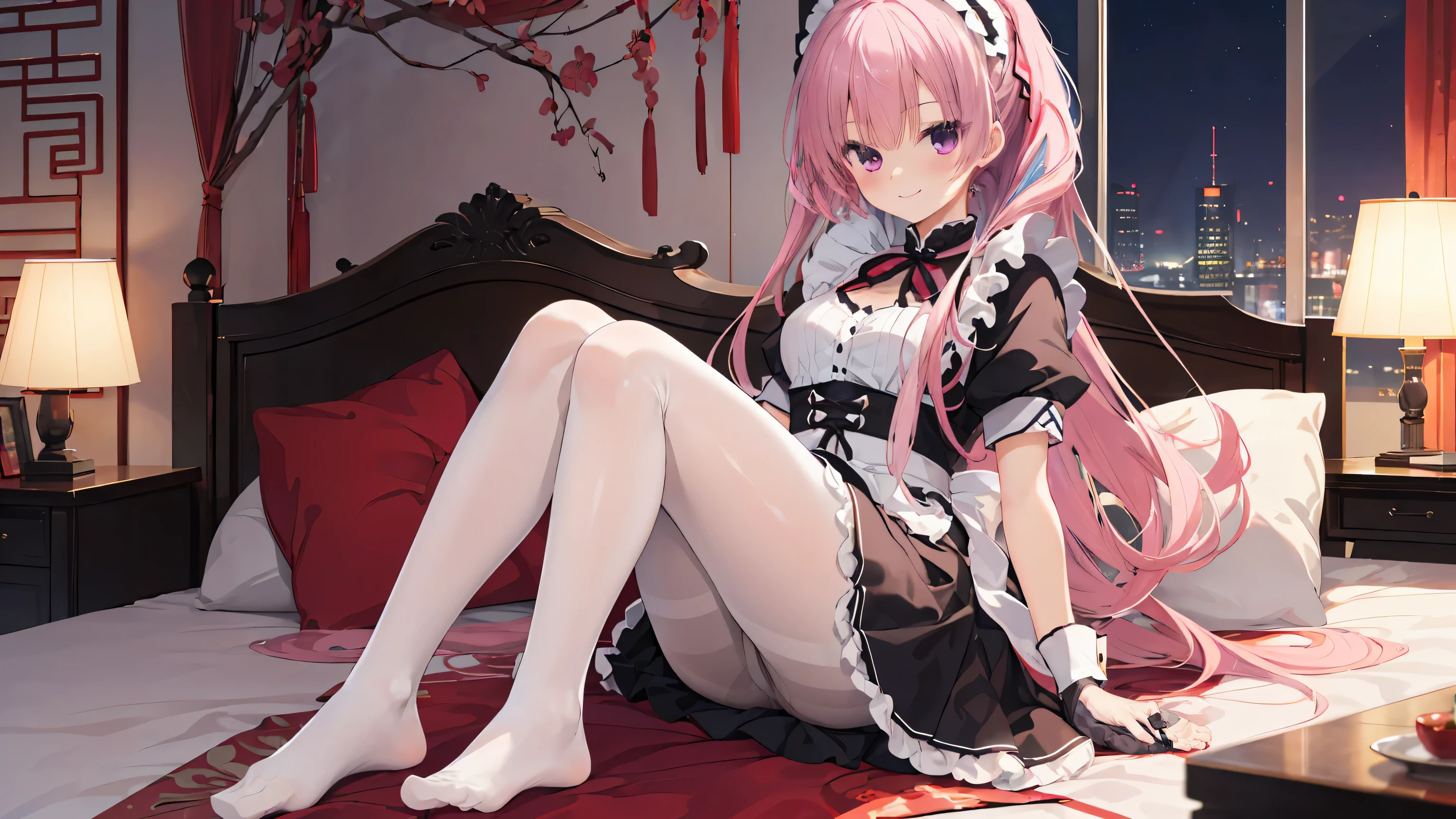 Chinese architecture,night chinese background， solo，a girl，170cm height，25CM bust，pink hair，maid outfit，black underwear，night，gentle，Smile， ((white pantyhose)，indoors，on the bed，black gloves，no shoes，mitsukasa ayase