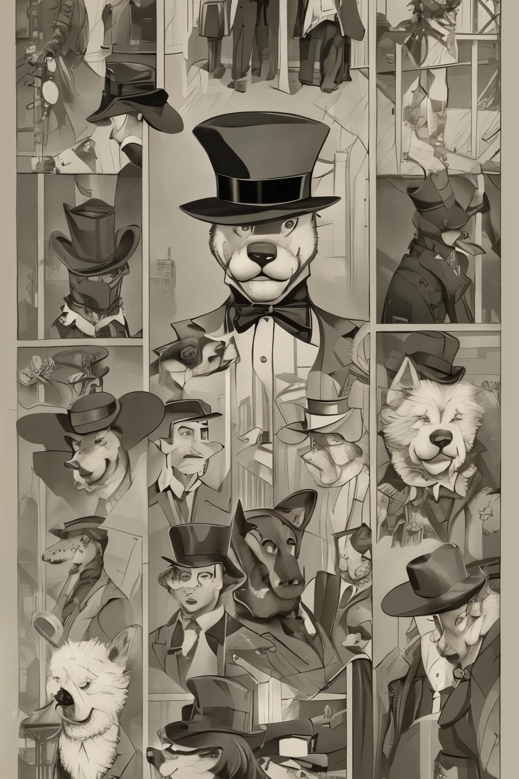 there is a dog wearing a suit and hat standing in front of a building, epic and classy portrait, dramatic cinematic detailed fur, a portrait of the character, masterpiece anthro portrait, professional concept art, elegant dog, blacksad, expert high detail concept art, official character art, noir film world character design, cinematic matte illustration, official concept art