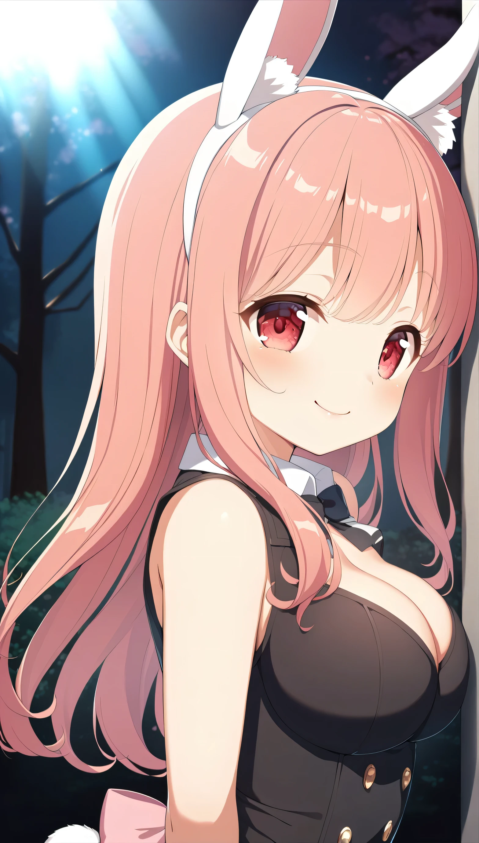 1 girl, long hair, straight, pink hair,pink bunny ears, animal ear fluff, red eyes、Different world, cherry blossoms, Bunny girl, portrait, high contrast, official art、smile、looks fun、smile、highest quality, High resolution、Beautiful hair details,masterpiece,highest quality,((put your hands behind your back)),fine eyes,fine skin,lean against the wall,cinematic lighting,Depth of the bounds written,cute, Paws2Book、arm2Book, Eye for fine details, (anime, 8K, masterpiece, highest quality, highest quality, beautiful and aesthetic, professional illustration, Super detailed, perfect lighting, perfect shading, Perfect sharpness),Day Book、It is said that problem children come from Different worlds.? Black rabbit、playing cards、jumping、big eyes、big breasts、I can see the cleavage、black vest、red underwear、mouth open with smile、playing cards、background with sky view、forest、