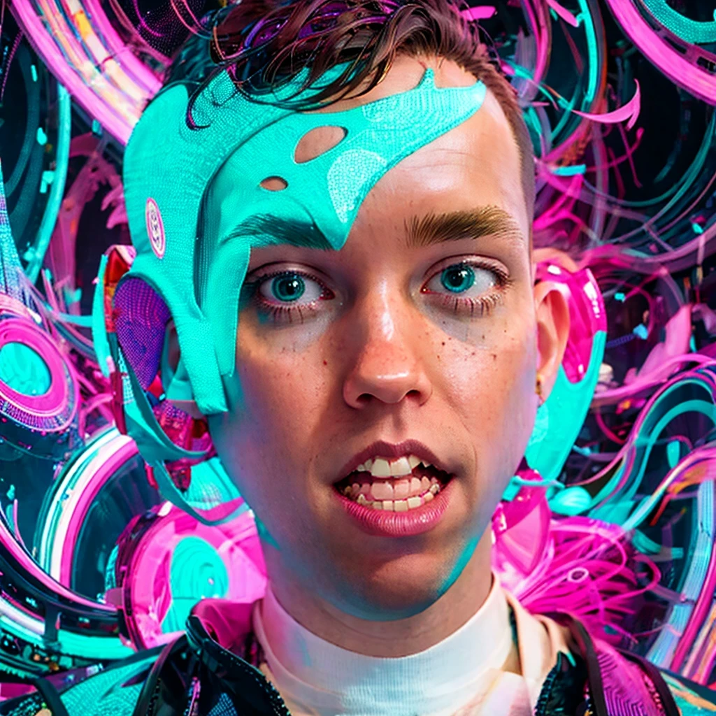 coopie, 1boy, a guy merging into a geometric pattern, flat 2d design, abstract style, non-realistic, Surrealism, Futurism, Abstract expressionism, super detail, best quality, 8k, high key lighting, psychedelic vibes
