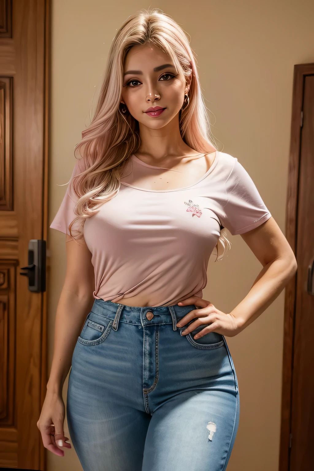 obra de arte, Melhor qualidade, nitid, ultra detalhado, olhos bem detalhados, medium breasts, pele escura, cabelo loiro, olhos rosa,pink lips, coxas, rabo de cavalo, camisa fora do ombro, jeans rasgados, Sorriso, jardim, noite