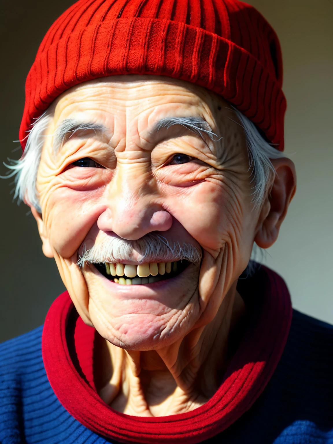 Portrait of an old Japanese man，Age-related wrinkles，documentary photography， Wearing a knitted hat、smile、Press photo shooting， Pulitzer Prize Winner，yan 08k， photo shoot，  rich colorful， Realistic，master piece，highest quality，best quality person，official art，beautiful and beautiful，