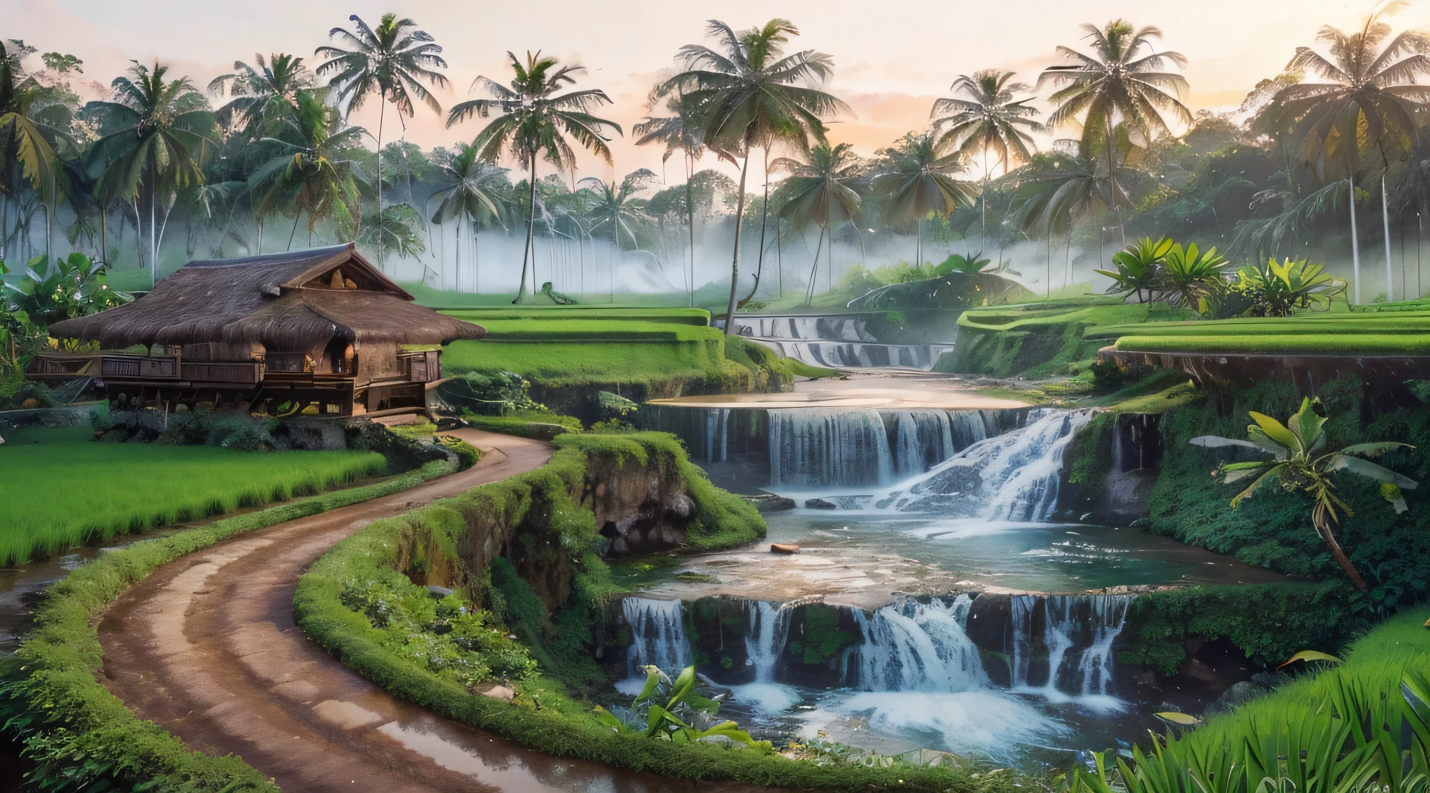 The waterfall flows from between two short cliffs and falls into a clear poolwith clear water and a few natural rocks, there is a  small hut, surrounded by tropical forest plants  such as shady Wood trees, banana trees, a deer is drinking.with a distant backdrop of volcanoes and vast rice fields thick with rice plants, blue sky, bright white clouds, realistic photography.

