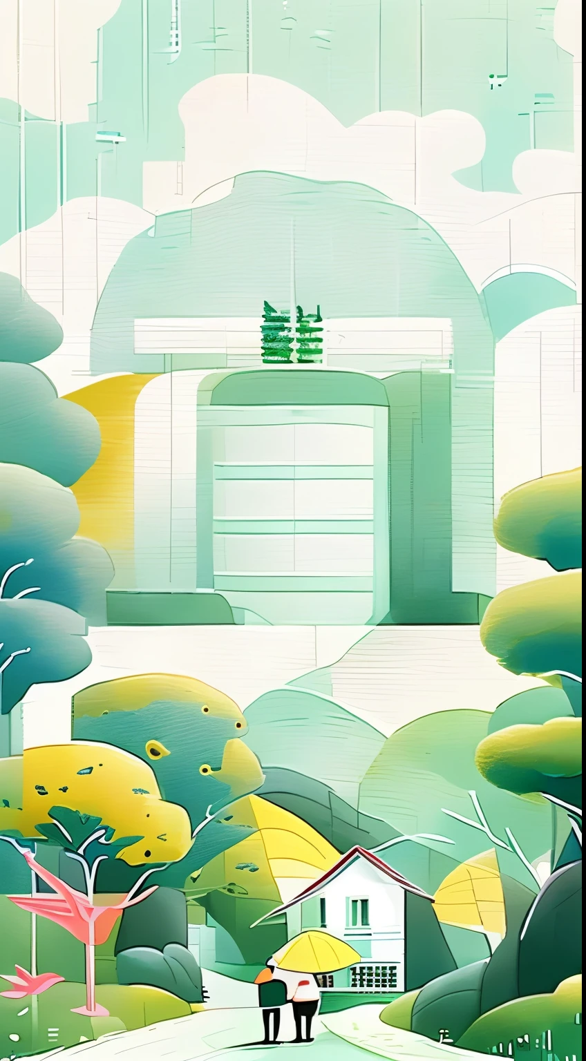 A simple illustration of two people walking with umbrellas, in front is an old white house with green trees, the background color is light blue-green with light blue tones, flat illustrations with simple lines, minimalism in the style of Mary Blair and in the style of Tatsuro Kiuchi, watercolor style, high resolution, symmetrical composition, pastel colors, retro poster design