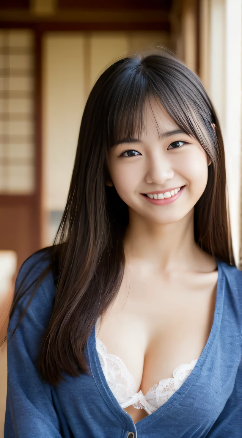 masterpiece,best quality,(Japanese ),((Beautiful girl)),cleavage,indoor,(perfect body beauty:1.2),(shy smile),beautiful teeth,