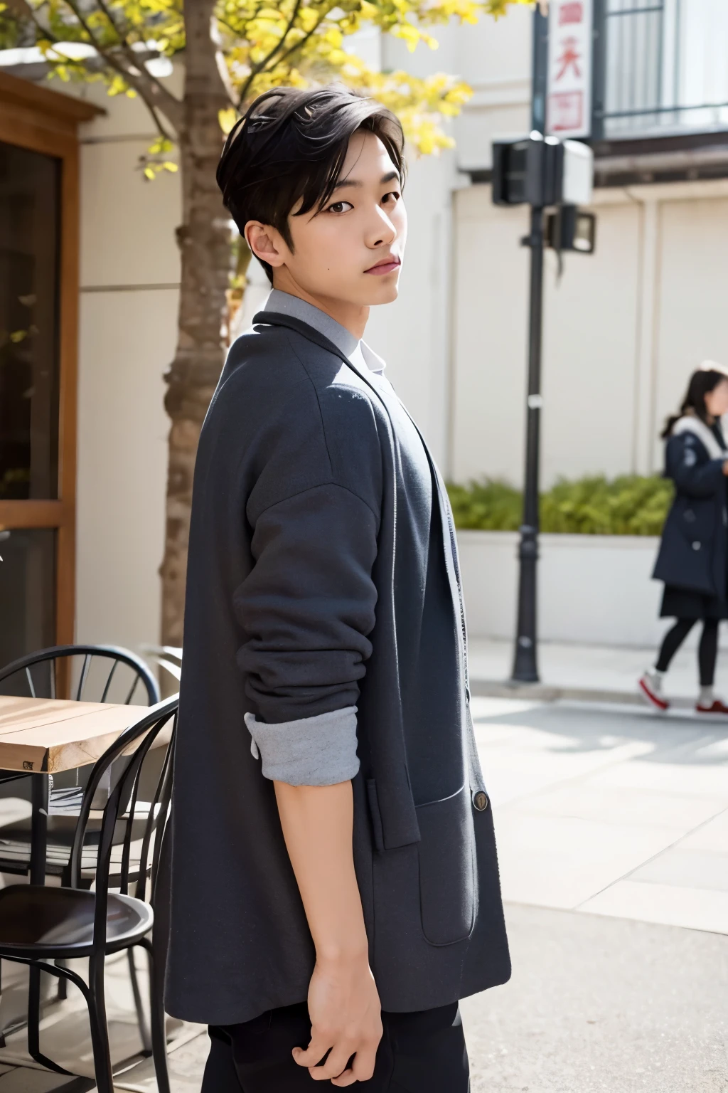 , 1 boy, male focus,black hair, looking at the viewer, cozy interior, beautiful lighting, deep shadow, highest quality, table top, ultra high resolution, Photoreal, blurred background,　Asian, Tomoya Nagase、Street fashion、Autumn/Winter Fashion、outside the house、garden、during the day