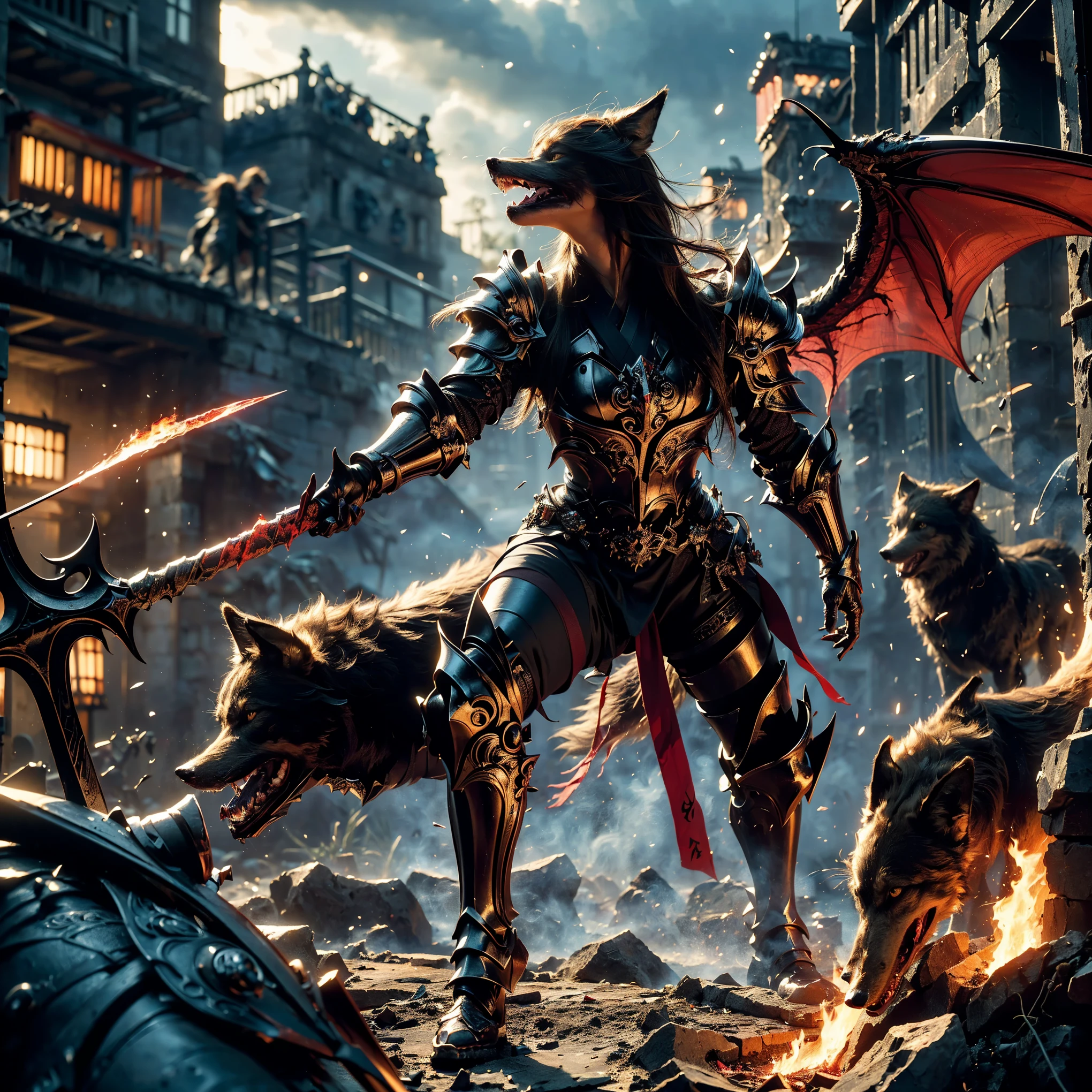 (((Realistic, masterpiece, best quality, crisp detail, high definition, high detail, very rich detail, sharp focus, sharp detail, colorful, rich color, perfect studio lightning))), ((20 years old, beautiful devil, kasumi arimura, evil gothic make up, flying, floating)),(((in the middle of war, epic war scene, attack stance))), wearing (((beautiful decorated black heavy armor, dark dragon armor, decorated full body armor, fully armored beautiful kimono, wide fire diabolos wings))), (flying, holding giant blade, blood scattered face, blood tears, blood bath, blood shed), (((fire everywhere, blood everywhere, death everywhere, japan bakumatsu period, dead bodies,carcass,burned japanese castle, cerberus, three headed wolves, were wolves, hellish,chaos, inferno)) traditional village background, dark atmosphere, bloody night)