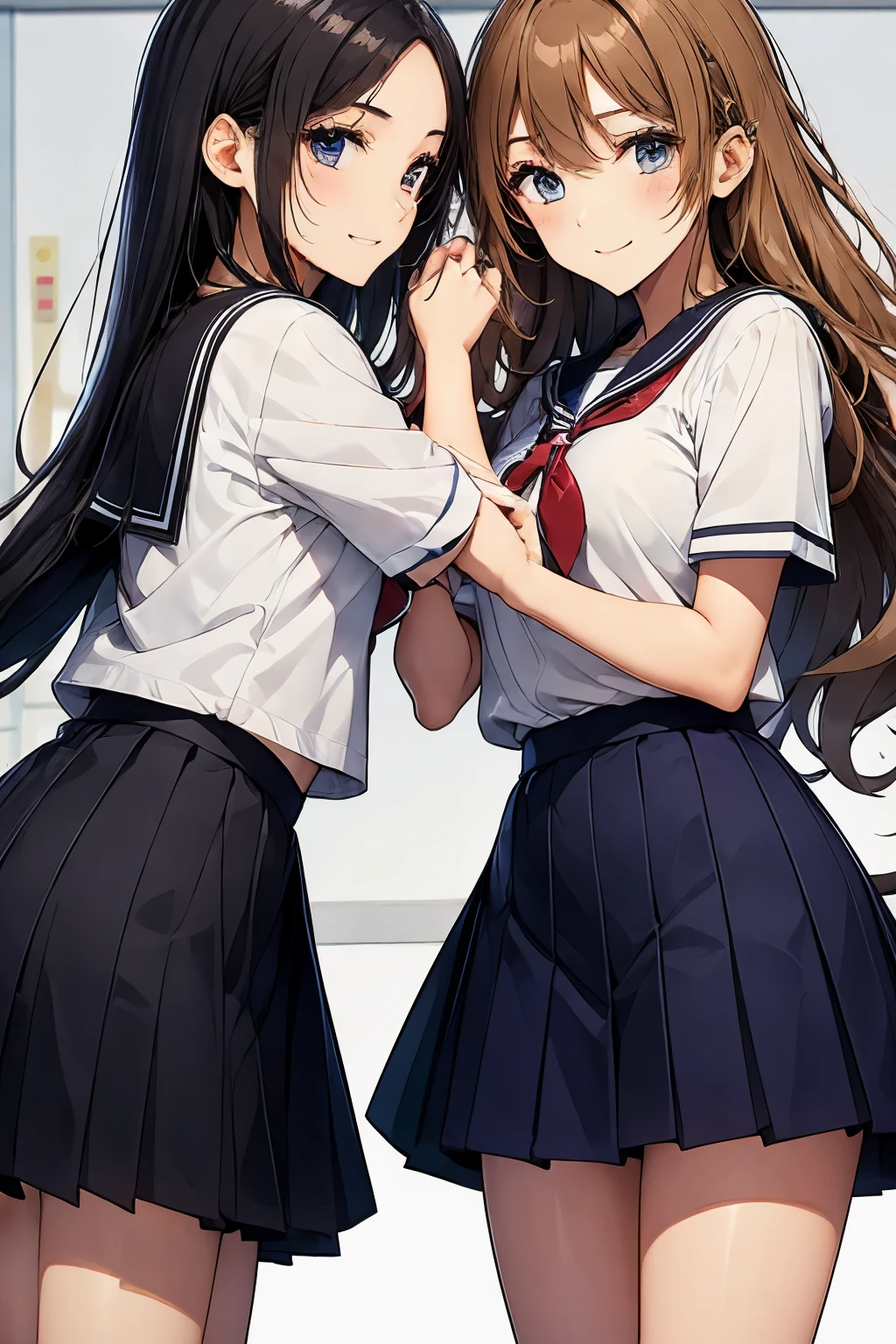 Two high school girls hugging each other、seductive smile、classroom