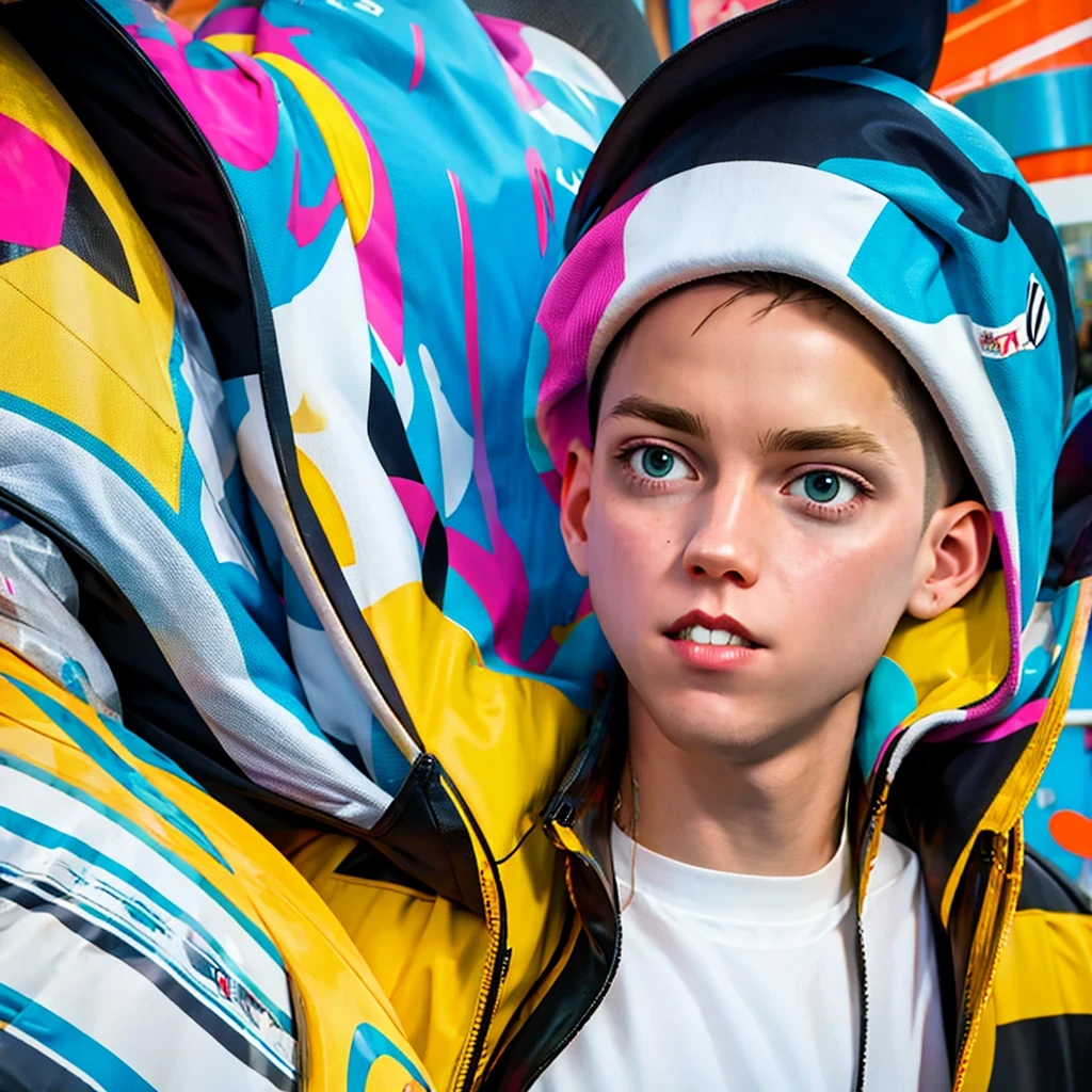 coopie, 1boy, a guy merging into a geometric pattern, flat 2d design, abstract style, non-realistic, Surrealism, Futurism, Abstract expressionism, super detail, best quality, 8k, high key lighting