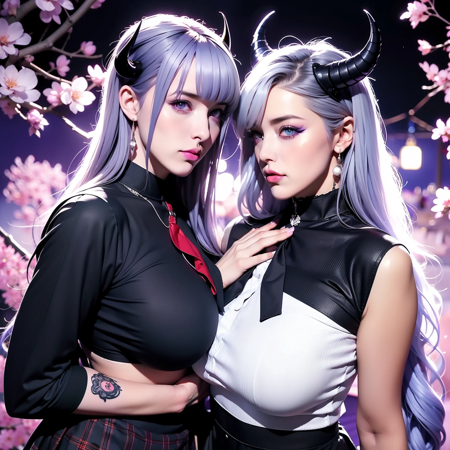 two women, Demons, oni horns, black angel wings, tattoo sleeves and piercings, accentuated super huge enormously gigantic tits, cleavage showing(woman with pink hair with black horns and moonlight eyes)(second woman with white hair moonlight eyes and golden horns) cherry blossoms blowing in the wind 