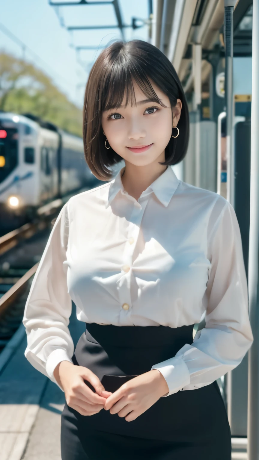 Masterpiece, Best-quality, RAW-photo, Ultra-High-Resolution, Photorealistic, very delicate human skin,
(Anatomically correct, -yeld, Restic Japanese girl, photographer's lover, She truly loves photographer, baby face,e, short height, thin waist, big breasts, Slender legs, Large breast, Realistic skin),
((Spring outfit, female office worker, blouse, pencil skirt:1.3)),
(maiko, Round face, Black hair, Black eyes, Moist eyes, Shining eyes, Short bob cut, Bangs, Down-slating eyebrows, one little earring, Light blush),
(turn the body forward, See photographer, look at viewer, waiting for the train:1.3),
(Elegant goddess smile),
(Japanese Train platform, A large number of office workers in the background, impossibly crowded),
Natural lighting, full length