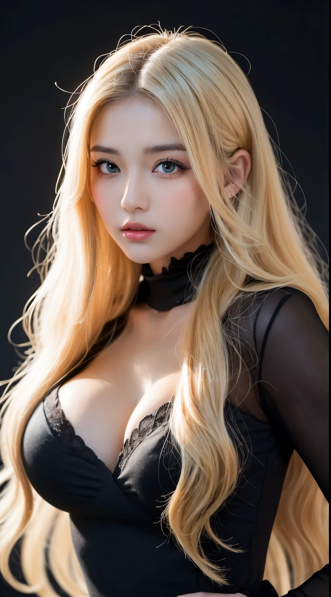 (((((super long hair、long hair、超long hair、camisole dress、Fluffy Wave、blonde、gal、Beauty、well-groomed face、Nordic、beautiful girl、black background))))), highest quality, figure, Super detailed, finely, High resolution, 8k wallpaper, 完璧なダイナミックな構figure, detailed and beautiful eyes, natural lip , big breasts, random sexy pose, cowboy shot、Stand and face the front