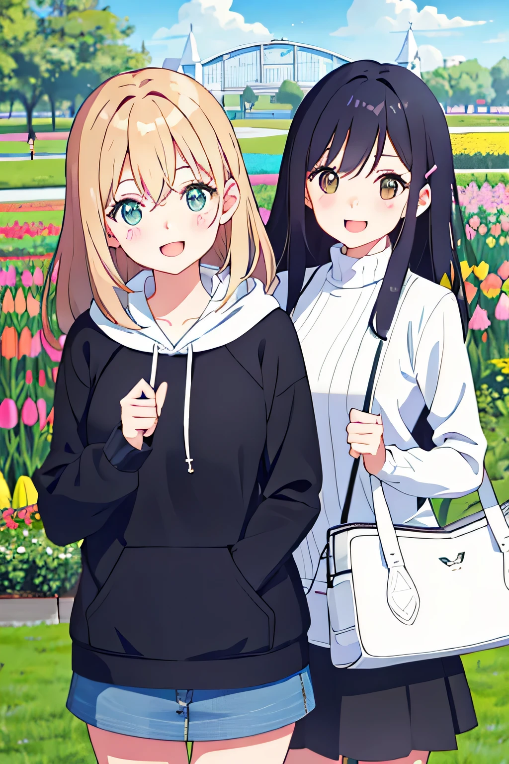(highest quality:1.5)、ultra high resolution、detailed background、masterpiece、anatomically correct、(Detailed beautiful face:1.4)、cute 20's beauty、brown hair or cute colored hair、(huge breasts:1.3)、realistic、perfect body line、attractive woman、
(Two women having fun with happy expressions:1.5)、cowboy shot、
Look at me with a happy expression、smile、A big smile、cute、The gesture of fixing hair that has been disturbed by the wind、cute gesture、
Mode-casual shorts with tight silhouettes and shorts with rounded silhouettes that give a bright impression are popular.、
Pair it with a striped shirt, white bag and shoes for a spring look.、
We recommend knits and cardigans with compact silhouettes.、
Try wearing a sweatshirt or hoodie for a casual look.、
Try choosing a cut-and-sew or pullover.、
Try wearing the vest in a layered style.、
narrow flare、Try choosing a mini skirt or flared skirt、
Try choosing a blouson or coat made of light sheer material.、
Try wearing this jacket casually and layering it for a fun look.、 Large ribbons that add elegance are in season.、 Especially dark colored ribbons are perfect for adult women.、 Chiffon and chic color ribbon barrette、 The Tulip Festival takes place in April at Keukenhof Gardens in the Netherlands.、Enjoy the beautiful scenery of millions of tulips in full bloom、cute