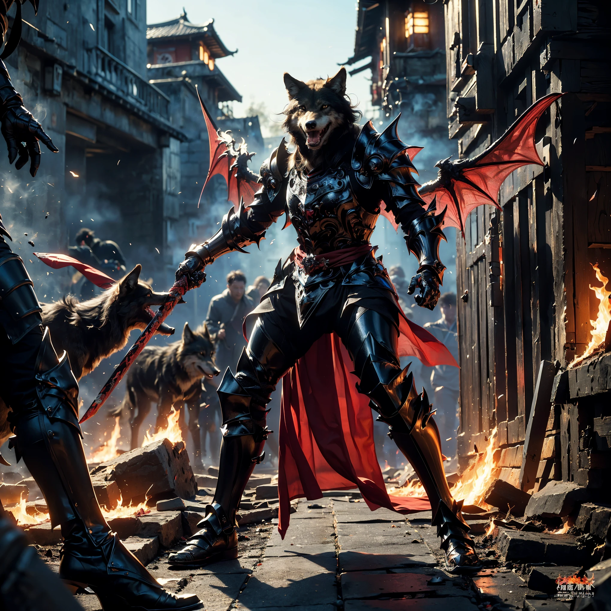 (((Realistic, masterpiece, best quality, crisp detail, high definition, high detail, very rich detail, sharp focus, sharp detail, colorful, rich color, perfect studio lightning))), ((20 years old, beautiful devil, kasumi arimura, evil gothic make up, flying, floating)),(((in the middle of war, epic war scene, attack stance))), wearing (((beautiful decorated black heavy armor, dark dragon armor, decorated full body armor, fully armored beautiful kimono, wide fire diabolos wings))), (flying, holding giant blade, blood scattered face, blood tears, blood bath, blood shed), (((fire everywhere, blood everywhere, death everywhere, japan bakumatsu period, dead bodies,carcass,burned japanese castle, cerberus, three headed wolves, were wolves, hellish,chaos, inferno)) traditional village background, dark atmosphere, bloody night)