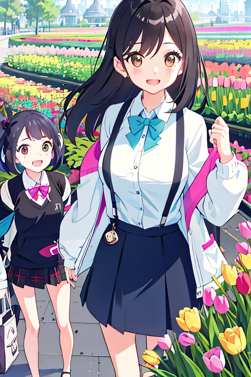 (highest quality:1.5)、ultra high resolution、detailed background、masterpiece、anatomically correct、(Detailed beautiful face:1.4)、cute 20&#39;s beauty、brown hair or cute colored hair、(huge breasts:1.3)、realistic、perfect body line、attractive woman、
(Two women having fun with happy expressions:1.5)、cowboy shot、
Look at me with a happy expression、smile、A big smile、cute、The gesture of fixing hair that has been disturbed by the wind、cute gesture、
Mode-casual shorts with tight silhouettes and shorts with rounded silhouettes that give a bright impression are popular.、

Pair it with a striped shirt, white bag and shoes for a spring look.、
We recommend knits and cardigans with compact silhouettes.、
Try wearing a sweatshirt or hoodie for a casual look.、
Try choosing a cut-and-sew or pullover.、
Try wearing the vest in a layered style.、
narrow flare、Try choosing a mini skirt or flared skirt、
Try choosing a blouson or coat made of light sheer material.、
Try wearing this jacket casually and layering it for a fun look.、 Large ribbons that add elegance are in season.、 Especially dark colored ribbons are perfect for adult women.、 Chiffon and chic color ribbon barrette、 The Tulip Festival takes place in April at Keukenhof Gardens in the Netherlands.、Enjoy the beautiful scenery of millions of tulips in full bloom、cute