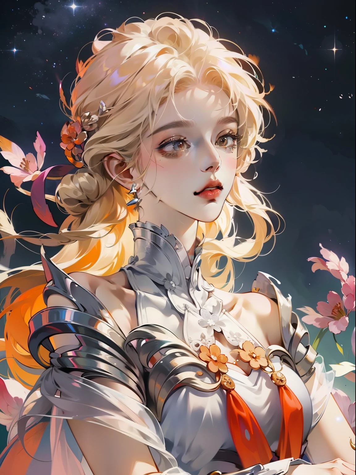 dim orange moonlighting,dim orange neonlighting,night,A beautiful woman wearing school uniform on the bustling streets of Gintama, surrounded by vendors, beautiful portrait of a stunning goddess girl, beautiful detailed face, porcelain skin, full body shot, centered, ultra soft lighting, symmetry, intricate, elegant, highly detailed, photorealistic, artstation, concept art, smooth, as imagined by greg rutkowski and borris vallejo, cover, vogue style