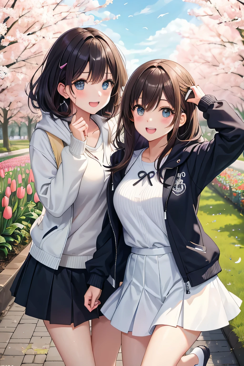(highest quality:1.5)、ultra high resolution、detailed background、masterpiece、anatomically correct、(Detailed beautiful face:1.4)、cute 20&#39;s beauty、brown hair or cute colored hair、(huge breasts:1.3)、realistic、perfect body line、attractive woman、
(Two women having fun with happy expressions:1.5)、cowboy shot、
Look at me with a happy expression、smile、A big smile、cute、The gesture of fixing hair that has been disturbed by the wind、cute gesture、
Mode-casual shorts with tight silhouettes and shorts with rounded silhouettes that give a bright impression are popular.、

Pair it with a striped shirt, white bag and shoes for a spring look.、
We recommend knits and cardigans with compact silhouettes.、
Try wearing a sweatshirt or hoodie for a casual look.、
Try choosing a cut-and-sew or pullover.、
Try wearing the vest in a layered style.、
narrow flare、Try choosing a mini skirt or flared skirt、
Try choosing a blouson or coat made of light sheer material.、
Try wearing this jacket casually and layering it for a fun look.、 Large ribbons that add elegance are in season.、 Especially dark colored ribbons are perfect for adult women.、 Chiffon and chic color ribbon barrette、 The Tulip Festival takes place in April at Keukenhof Gardens in the Netherlands.、Enjoy the beautiful scenery of millions of tulips in full bloom、cute
