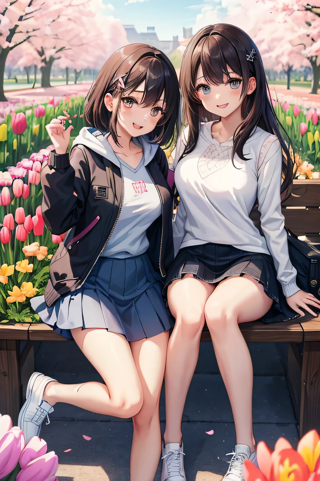 2 mature females, sailor uniform costume, long stocking with garter, sitting on bench at the park, daylight, (covered nipples:0.3), photo, photorealistic, photorealism, covered_erect_nipples, zzmktpzz