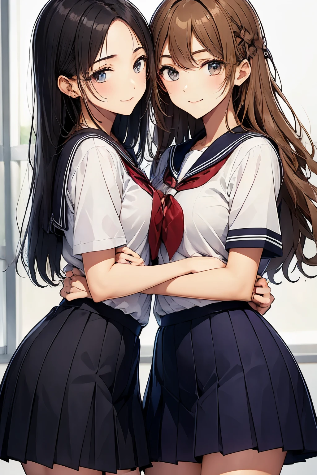 Two high school girls hugging each other、seductive smile、classroom