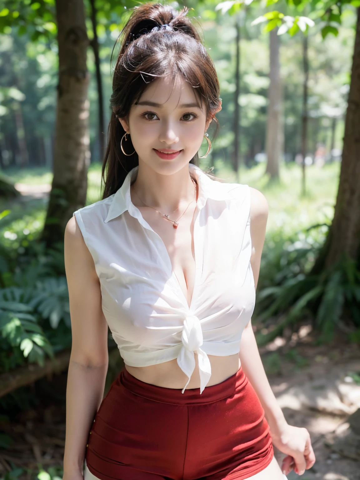 ((((highest quality))))、(((Ultra-precision CG16K wallpaper)))、(((masterpiece)))、(((Super detailed)))、(((super extreme details)))、1people's women、mature woman、24 year old woman、((Japanese face))、((very beautiful face))、((Kitagawa Keiko:1.5))、((Straight ponytail hair:1.3、blunt bangs))、(shiny brown hair)、beautiful delicate eyes、brown eyes、raised eyebrows、high nose、small nostrils、small mouth、seductive lips、beautiful breasts、((C cup size breasts))、cleavage、plump body、(Chubby body type)、perfect proportions、perfect anatomy、perfect composition、beautiful detailed shading、beautiful natural lighting、beautiful detail glow、Depth of the bounds written、(((High chroma)))、(((real:1.9)))、((vivid:1.5))、((edge:1.6))、((beautiful skin))、((skin texture))、((realな皮膚感))、(((thigh-high cowboy shot:1.5)))、((Angle seen from the front:1.5))、((shy smile:1.5))、(Eyes looking at me:1.5)、Daytime forest、bright sunshine、Natural light、(((background_in the forest:1.3)))、(walking pose:1.5)、(((Collared sleeveless blouse_White clothing、mini hot pants_Red clothes:1.6)))、((earrings、wearing necklace:1.3))、