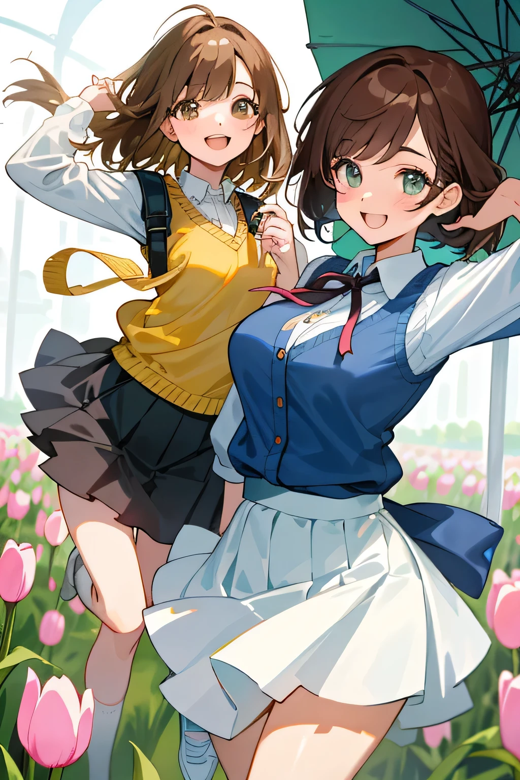 (highest quality:1.5)、ultra high resolution、detailed background、masterpiece、anatomically correct、(Detailed beautiful face:1.4)、cute 20's beauty、brown hair or cute colored hair、(huge breasts:1.3)、realistic、perfect body line、attractive woman、
(Two women having fun with happy expressions:1.5)、cowboy shot、
Look at me with a happy expression、smile、A big smile、cute、The gesture of fixing hair that has been disturbed by the wind、cute gesture、
Mode-casual shorts with tight silhouettes and shorts with rounded silhouettes that give a bright impression are popular.、
Pair it with a striped shirt, white bag and shoes for a spring look.、
We recommend knits and cardigans with compact silhouettes.、
Try wearing a sweatshirt or hoodie for a casual look.、
Try choosing a cut-and-sew or pullover.、
Try wearing the vest in a layered style.、
narrow flare、Try choosing a mini skirt or flared skirt、
Try choosing a blouson or coat made of light sheer material.、
Try wearing this jacket casually and layering it for a fun look.、 Large ribbons that add elegance are in season.、 Especially dark colored ribbons are perfect for adult women.、 Chiffon and chic color ribbon barrette、 The Tulip Festival takes place in April at Keukenhof Gardens in the Netherlands.、Enjoy the beautiful scenery of millions of tulips in full bloom、cute