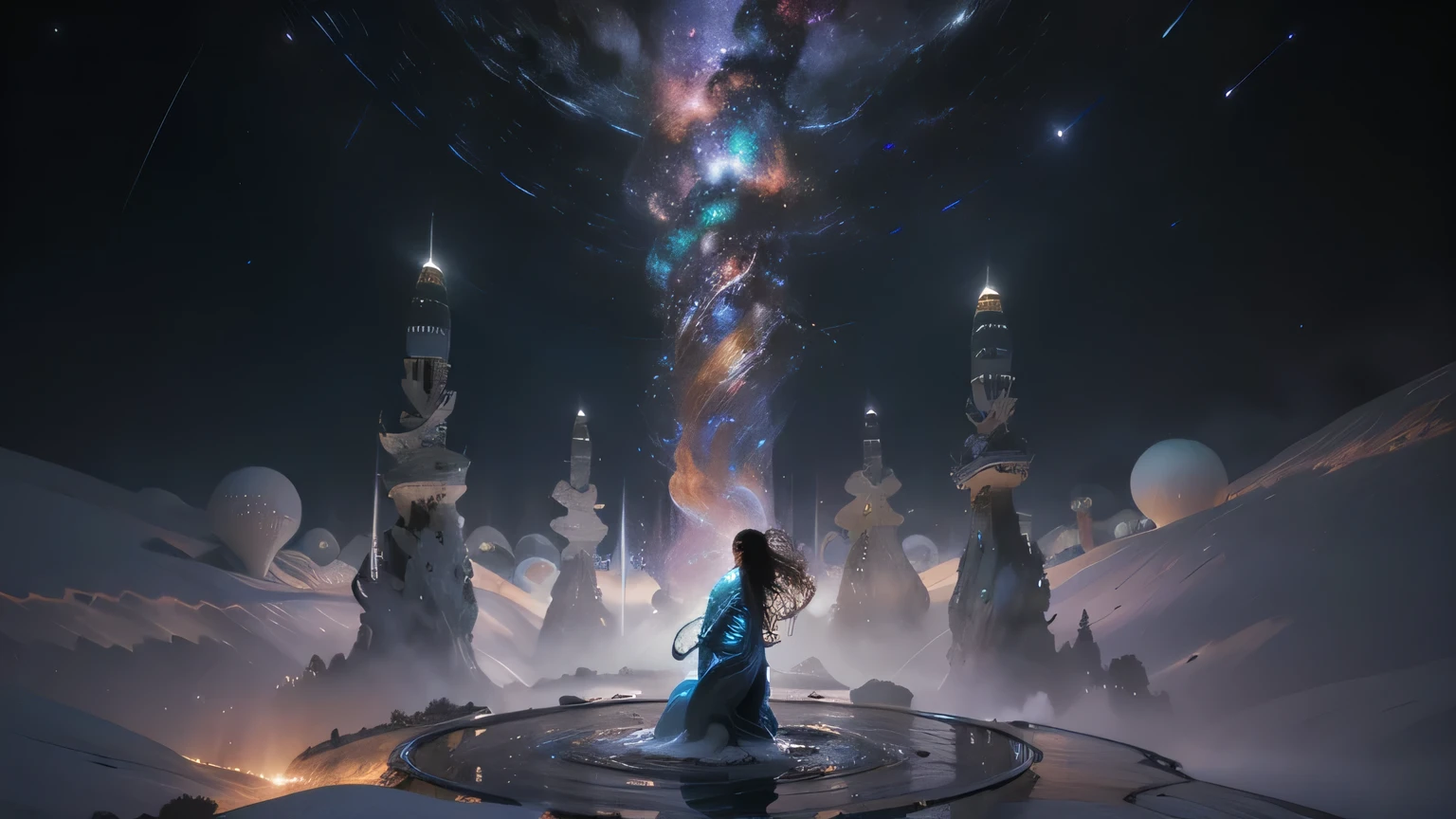 One of Andrew (Android) Jones's signature works is a painting titled "Celestial Symphony". In this colorful and dynamic composition, Jones presents a cosmic symphony of lights and shapes that swirl around the central figure - a mystical creature that appears to be both human and cosmic. By combining technological precision with an expressive painting style, Jones creates a vision of a transcendental journey through cosmic spaces. Intense colors and fluid forms in this work attract attention and invite the viewer to discover the extraordinary corners of this futuristic universe. "Celestial Symphony" is not only breathtaking due to its aesthetics, but also encourages reflection on the relationship between man and the universe and the potential of human imagination in discovering unknown spaces. ((best quality)), ((masterpiece)), 