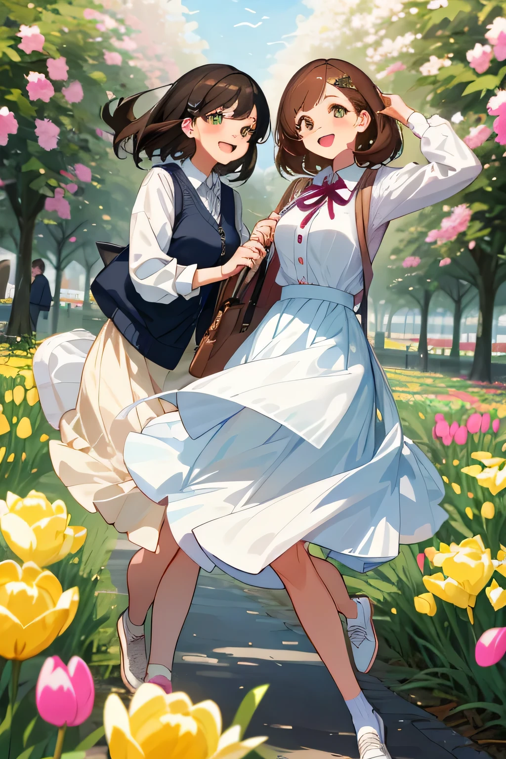(highest quality:1.5)、ultra high resolution、detailed background、masterpiece、anatomically correct、(Detailed beautiful face:1.4)、cute 20's beauty、brown hair or cute colored hair、(huge breasts:1.3)、realistic、perfect body line、attractive woman、
(Two women having fun with happy expressions:1.5)、cowboy shot、
Look at me with a happy expression、smile、A big smile、cute、The gesture of fixing hair that has been disturbed by the wind、cute gesture、
Mode-casual shorts with tight silhouettes and shorts with rounded silhouettes that give a bright impression are popular.、
Pair it with a striped shirt, white bag and shoes for a spring look.、
We recommend knits and cardigans with compact silhouettes.、
Try wearing a sweatshirt or hoodie for a casual look.、
Try choosing a cut-and-sew or pullover.、
Try wearing the vest in a layered style.、
narrow flare、Try choosing a mini skirt or flared skirt、
Try choosing a blouson or coat made of light sheer material.、
Try wearing this jacket casually and layering it for a fun look.、 Large ribbons that add elegance are in season.、 Especially dark colored ribbons are perfect for adult women.、 Chiffon and chic color ribbon barrette、 The Tulip Festival takes place in April at Keukenhof Gardens in the Netherlands.、Enjoy the beautiful scenery of millions of tulips in full bloom、cute