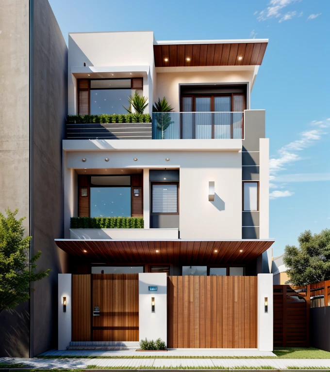 (masterpiece),(high quality), best quality, real,(realistic), super detailed, (full detail),(4k),8k,modern house exterior design,Modern architecture,Beautiful_sky,Day light, no_humans, outdoors,sky,tree,Garden flower front of building