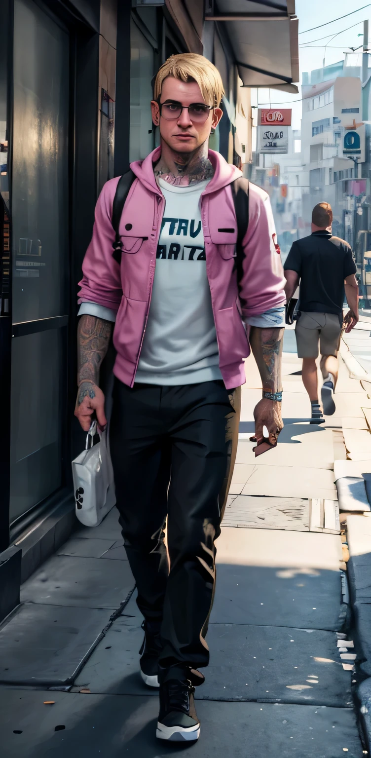 (GTA V)) O estilo de Lil Peep um jovem loiro andando na rua com (Celular) in hand , style glasses (GTA V)) with blue eyes and mystic .