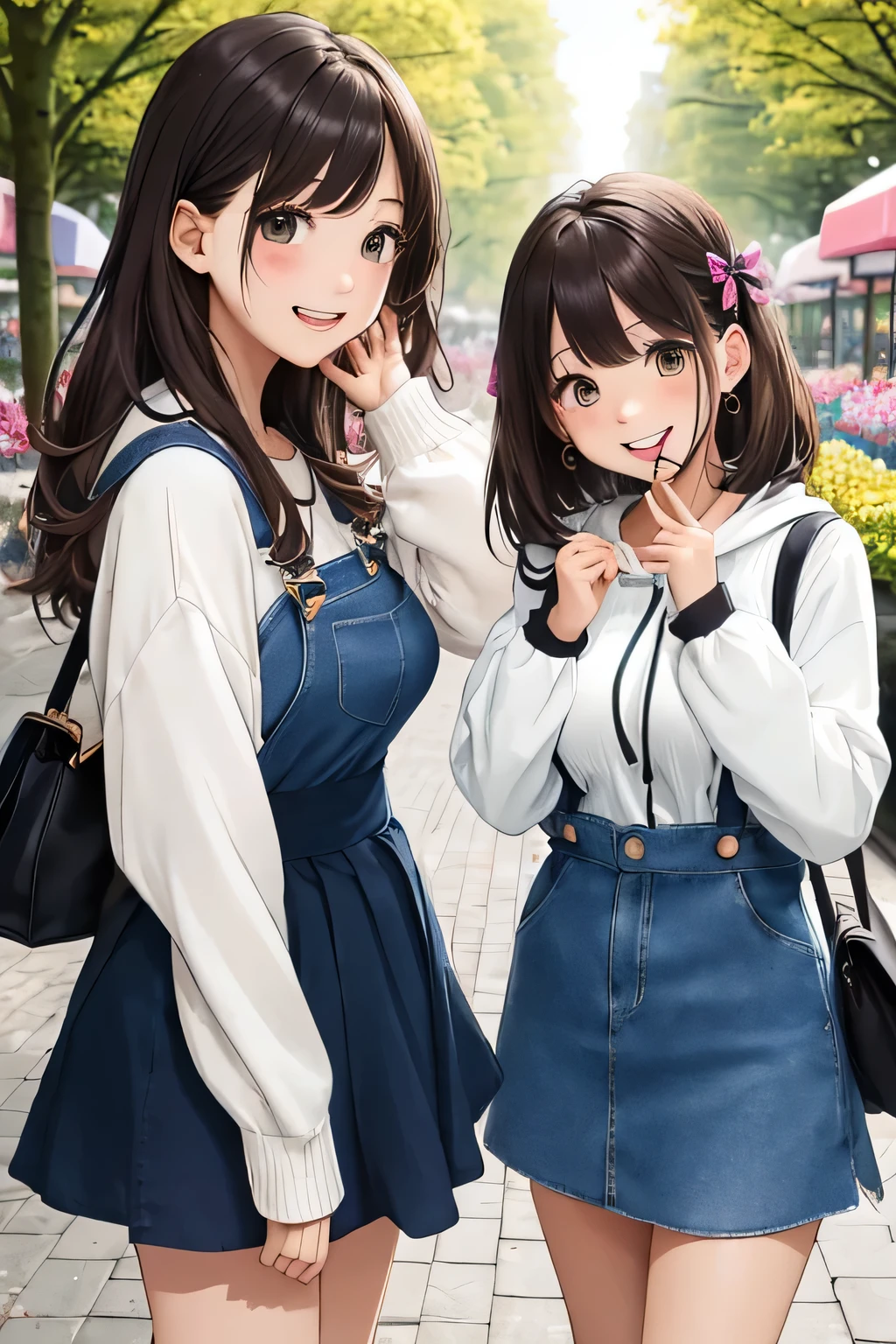 (highest quality:1.5)、ultra high resolution、detailed background、masterpiece、anatomically correct、(Detailed beautiful face:1.4)、cute 20's beauty、brown hair or cute colored hair、(huge breasts:1.3)、realistic、perfect body line、attractive woman、
(Two women having fun with happy expressions:1.5)、cowboy shot、
Look at me with a happy expression、smile、A big smile、cute、The gesture of fixing hair that has been disturbed by the wind、cute gesture、
Mode-casual shorts with tight silhouettes and shorts with rounded silhouettes that give a bright impression are popular.、Pay attention to the base and color、
Trends include step-cut one-length bob and wolf cuts.、
The trend for soft, high-layered long hairstyles and hairstyles that surround the face continues、
Pair it with a striped shirt, white bag and shoes for a spring look.、
We recommend knits and cardigans with compact silhouettes.、
Try wearing a sweatshirt or hoodie for a casual look.、
Try choosing a cut-and-sew or pullover.、
Try wearing the vest in a layered style.、
narrow flare、Try choosing a mini skirt or flared skirt、
Complete your outfit with just one dress、Try incorporating denim overalls etc.、
Try choosing a blouson or coat made of light sheer material.、
Try wearing this jacket casually and layering it for a fun look.、
narrow flare、Try choosing a mini skirt or flared skirt、 Try wearing this jacket casually and layering it for a fun look.、 Large ribbons that add elegance are in season.、 Especially dark colored ribbons are perfect for adult women.、 Chiffon and chic color ribbon barrette、 The Tulip Festival takes place in April at Keukenhof Gardens in the Netherlands.、Enjoy the beautiful scenery of millions of tulips in full bloom、cute