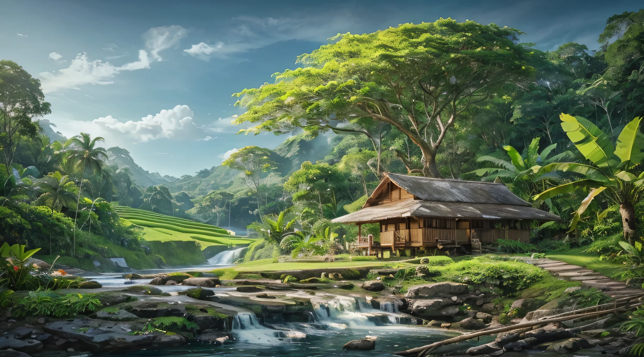 The waterfall flows from between two short cliffs and falls into a clear poolwith clear water and a few natural rocks, there is a small hut, surrounded by tropical forest plants such as shady Wood trees, banana trees, a deer is drinking.with a distant backdrop of volcanoes and vast rice fields thick with rice plants, blue sky, bright white clouds, realistic photography.