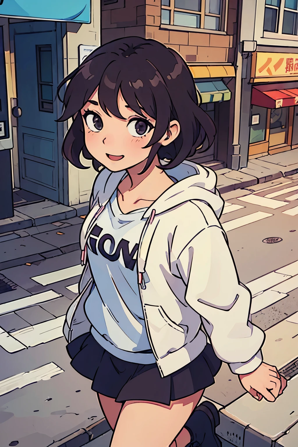 (best quality:0.8) perfect anime illustration, a pretty, happy woman with short curly brown hair on the street in the city, wearing a hoodie, skirt