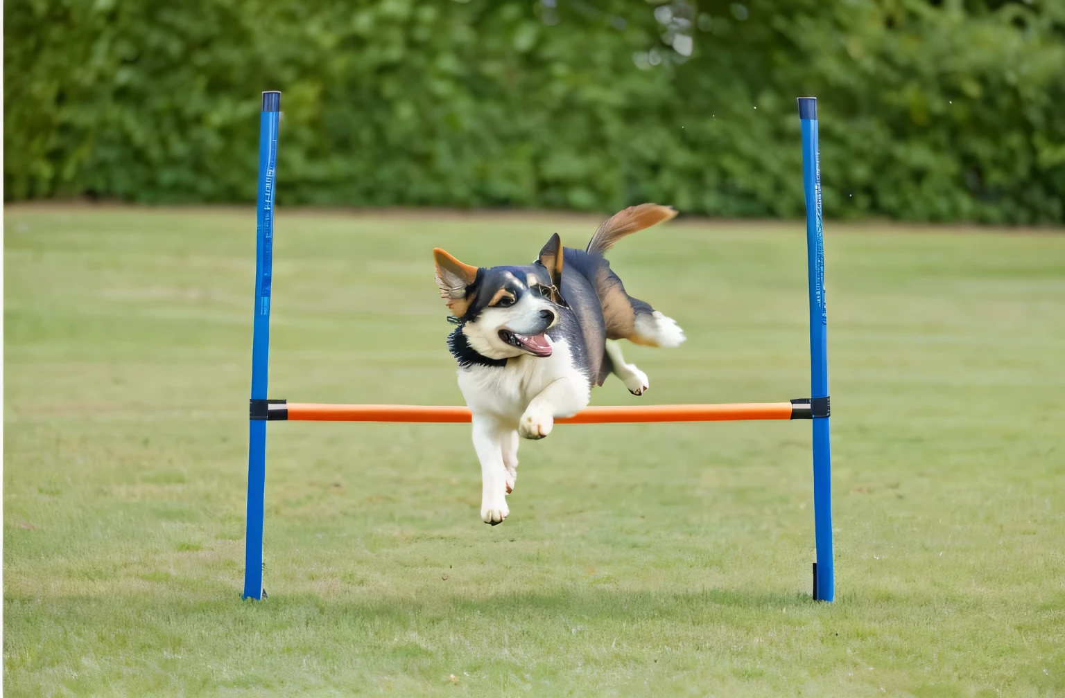 Happy dog playing on the grass，jump over obstacle bar
