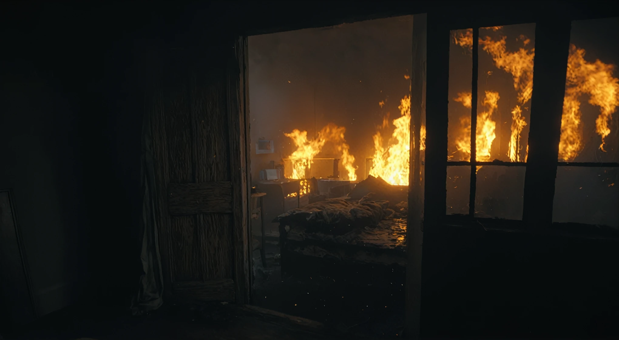 flames are seen from inside a house that is on fire, bedroom full of fire, fire from some windows, fires!! hyperrealistic, housefire, house on fire, video game screenshot>, room is on fire, explosions all around, unreal 4 screenshot, rendered in cryengine, hyperrealistic hell, arson, firey environment, [explosions and fire], burning building