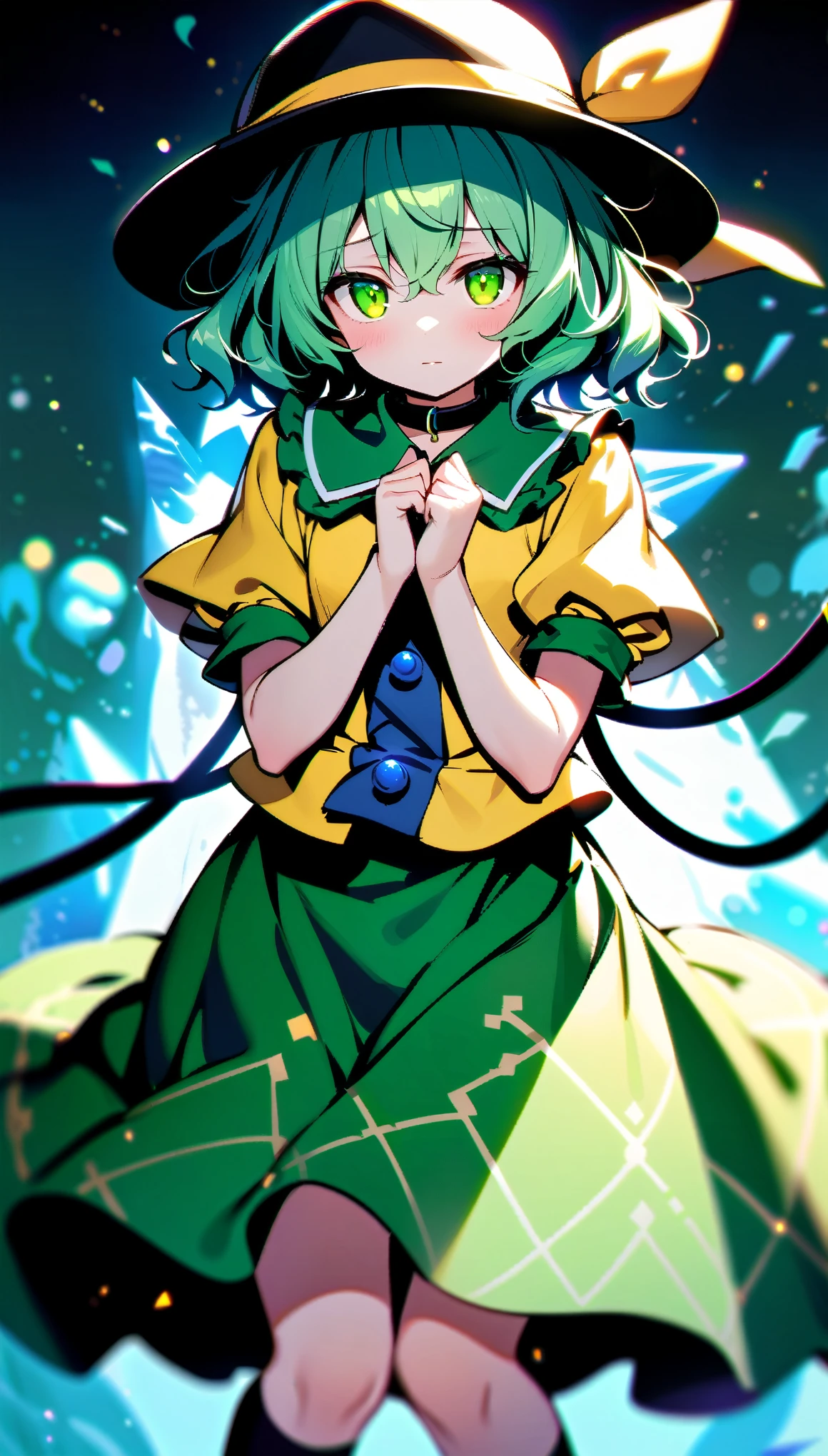 (Cowboy shot), (ultra-high resolution, depth of field:1.2), looking at viewer, (komeiji koishi:1.25), Touhou, (dark green eyes), white pupils, glowing eyes, green hair, wavy hair, (short hair), wearing a black hat with a yellow ribbon around it.  A closed, blue-purplish "third eye" is positioned over her heart, with cords wrapped around her torso and attached to each of her ankles, (wearing a yellow shirt with diamond-like blue buttons and a dark green collar, Green skirt with a faint flowery pattern, black socks