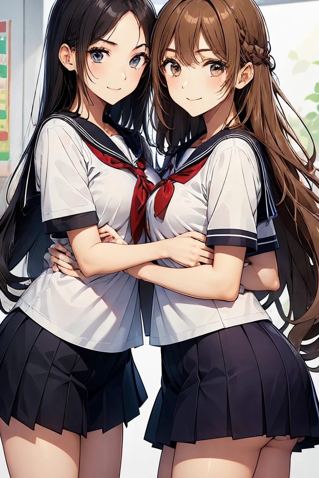 Two high school girls hugging each other、seductive smile、classroom