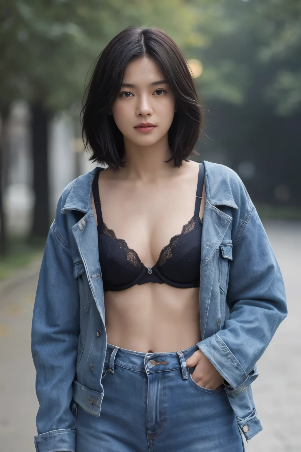 (colored picture), Photo realistic of beautiful asian、slender abs, (Dark brown short haircut), medium breast, round shape breast, perfect shape breast,((Black fabric bra )),((wearing jeans denim jacket, deep neck line)),  As she confidently posing for camera, , the background is a blur of motion and ((bokeh)), with light streaming from right to left. a sense of connection to the viewer, full body, raining 