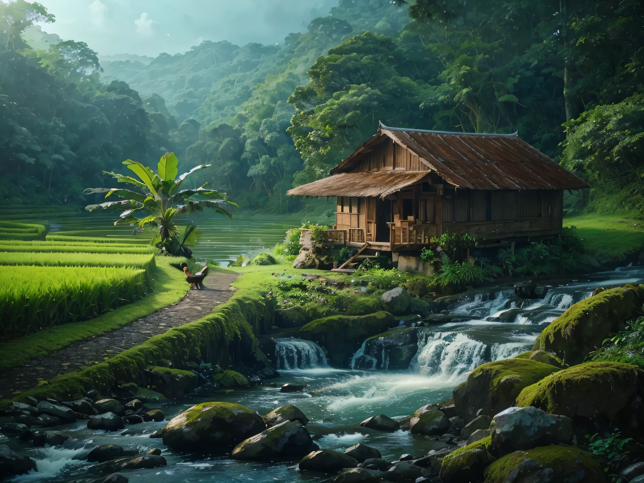 The waterfall flows from between two short cliffs and falls into a clear poolwith clear water and a few natural rocks, there is a small hut, surrounded by tropical forest plants such as shady Wood trees, banana trees, a deer is drinking.with a distant backdrop of volcanoes and vast rice fields thick with rice plants, blue sky, bright white clouds, realistic photography.