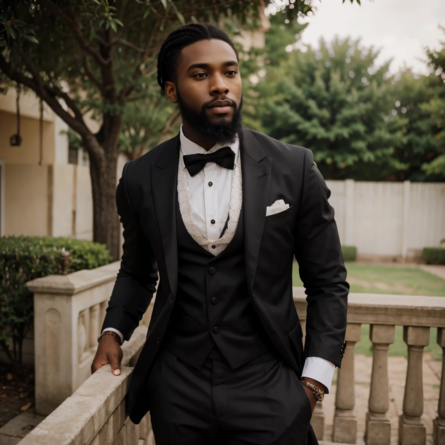 A 25 year old black man  with beard and attractive wearing old money fashion cĺothes