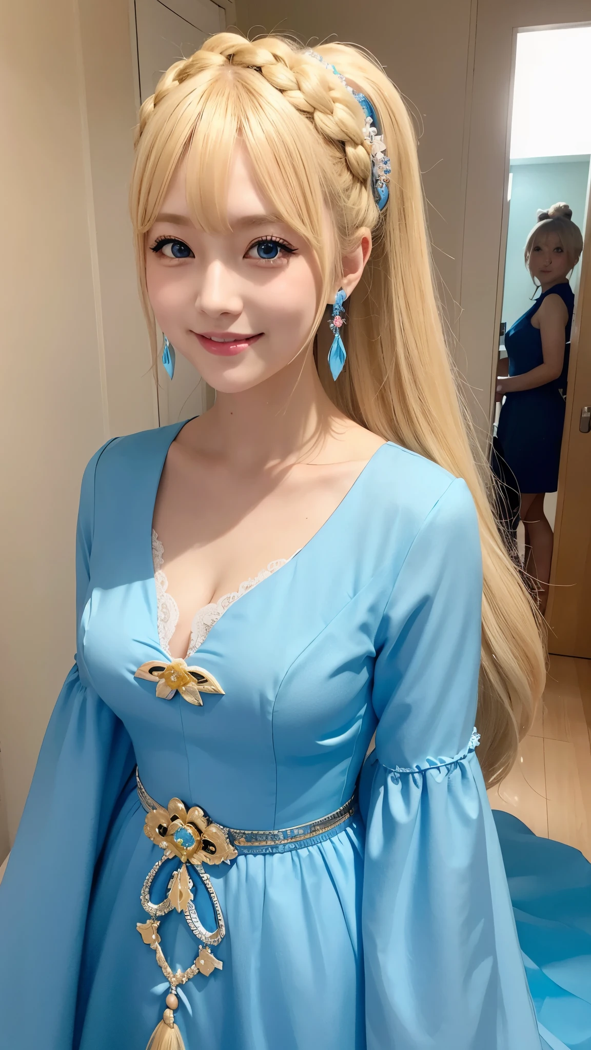 she is cosplaying as a princess、blonde short、smile、blue eyes、Colorful and flashy Chinese dress、ponytail