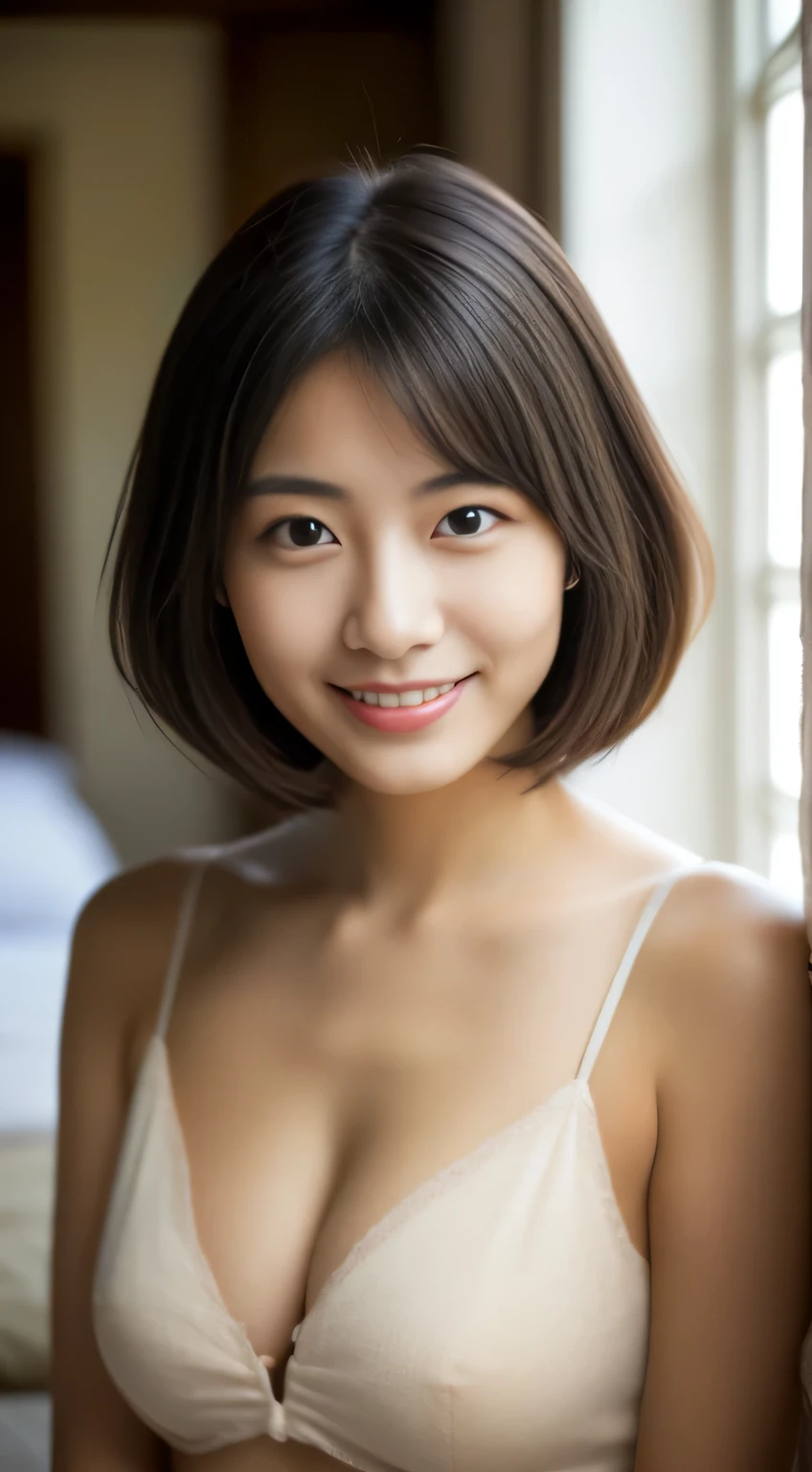 masterpiece,best quality,(Japanese ),((Beautiful girl)),cleavage,indoor,(perfect body beauty:1.2),(shy smile),beautiful teeth,