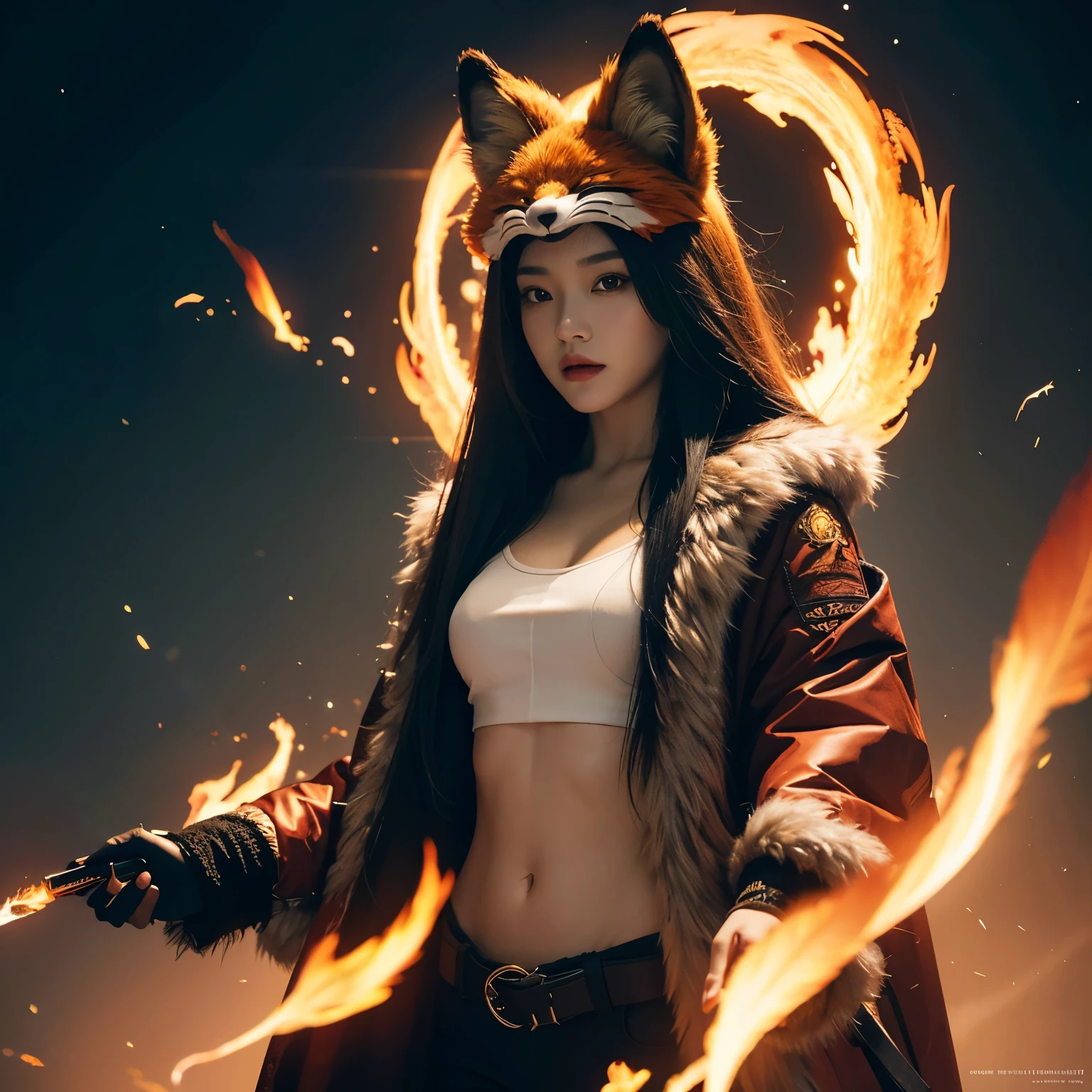 1 girl,alone,, official art, unified 8k wallpaper, Super detailed, fair and aesthetic, fair, masterpiece, best quality,, fox demon, fox mask, Feather jacket, foxfire spell, familiar fox, Transformation,