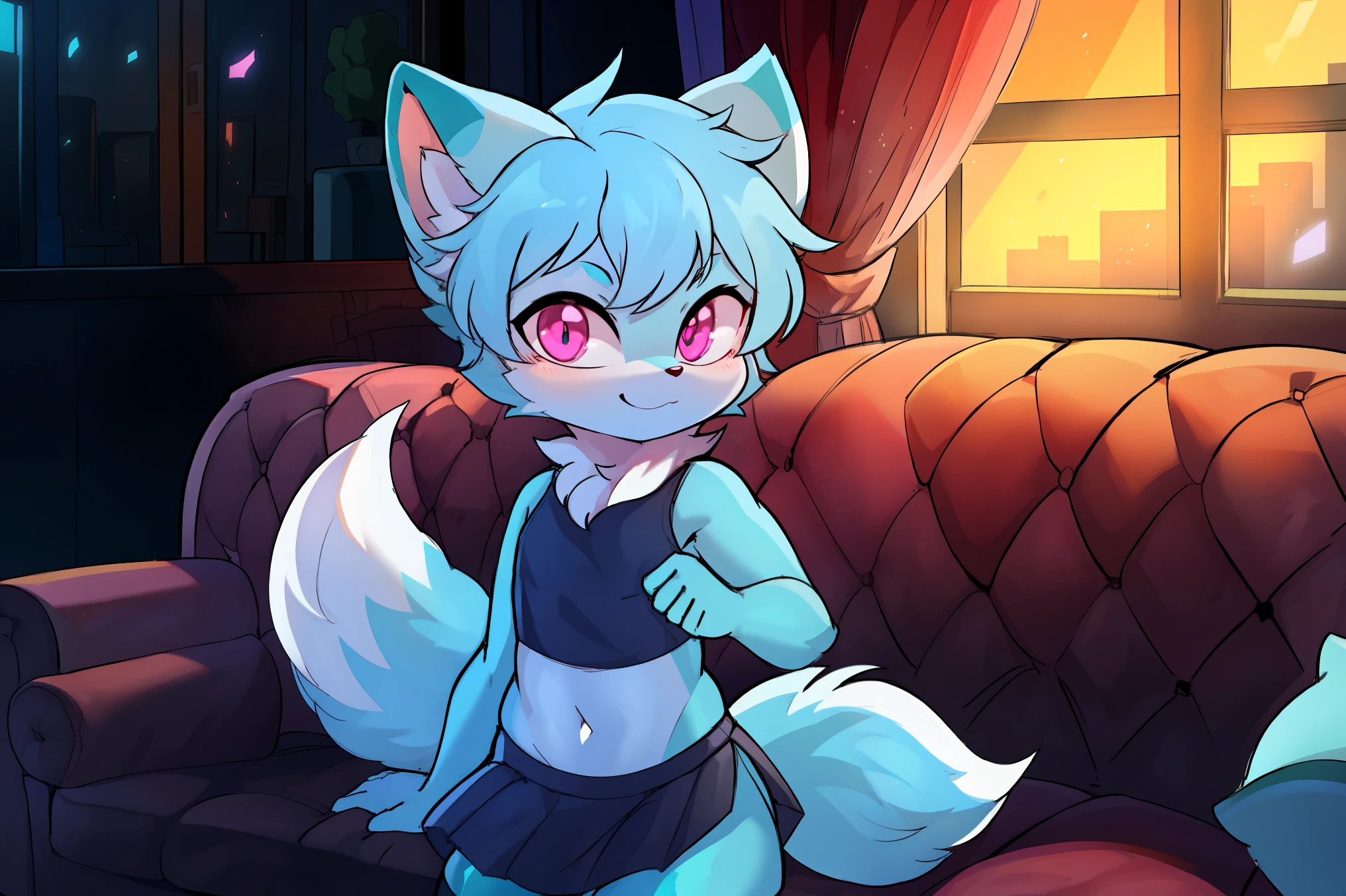 fox, solo, young, ((cub)), (cyan fur), (cyan body), (white secondary fur), pink eyes, medium length hair, cyan hair, thigh highs, small waist, crop top, black skirt, seductive look, standing, inside living room, couch, windows, curtains, couch, table, desk, (up close), looking at viewer, Very good figure, extremely detailed, cinematic lighting, volume lighting, masterpiece, best quality